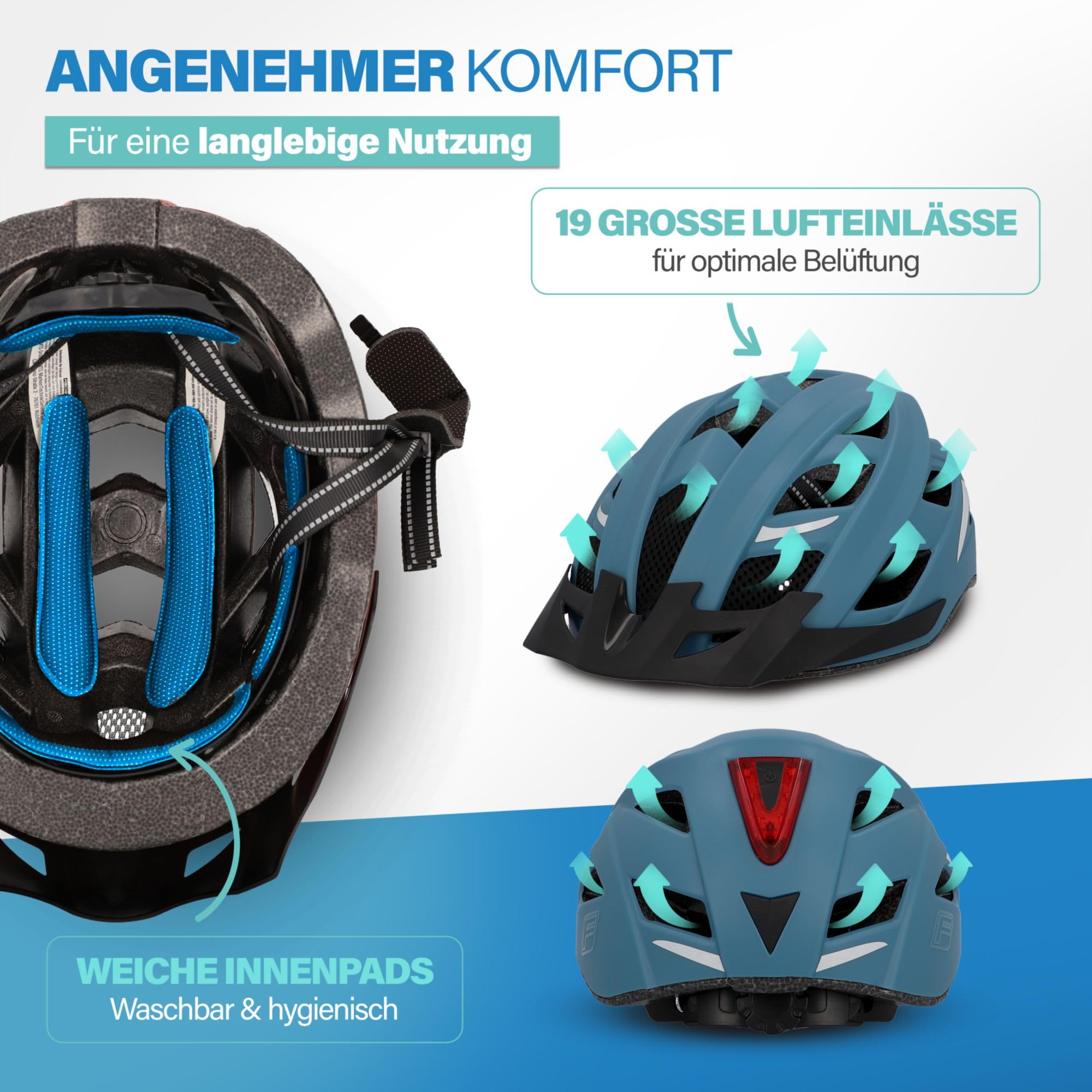 FISCHER Casco da bicicletta per adulti, Urban Plus Chicago, S/M, 52-59 cm, blu, con luce posteriore a LED integrata