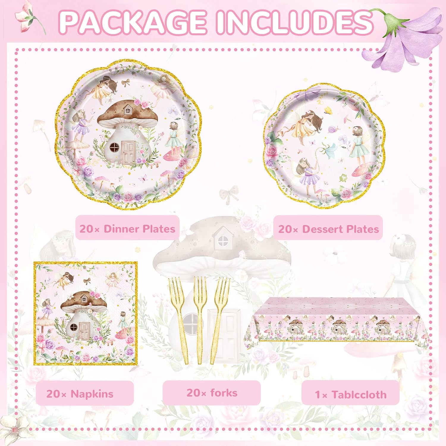 81Pcs Fairy Party Decorations for Girls 1st 2nd Birthday Garden Flower Themed Baby Shower Party Supplies Fairies Enchanted Tableware with Paper Plates Napkins Cups Forks and tablecloth Serve 20 - Image 2