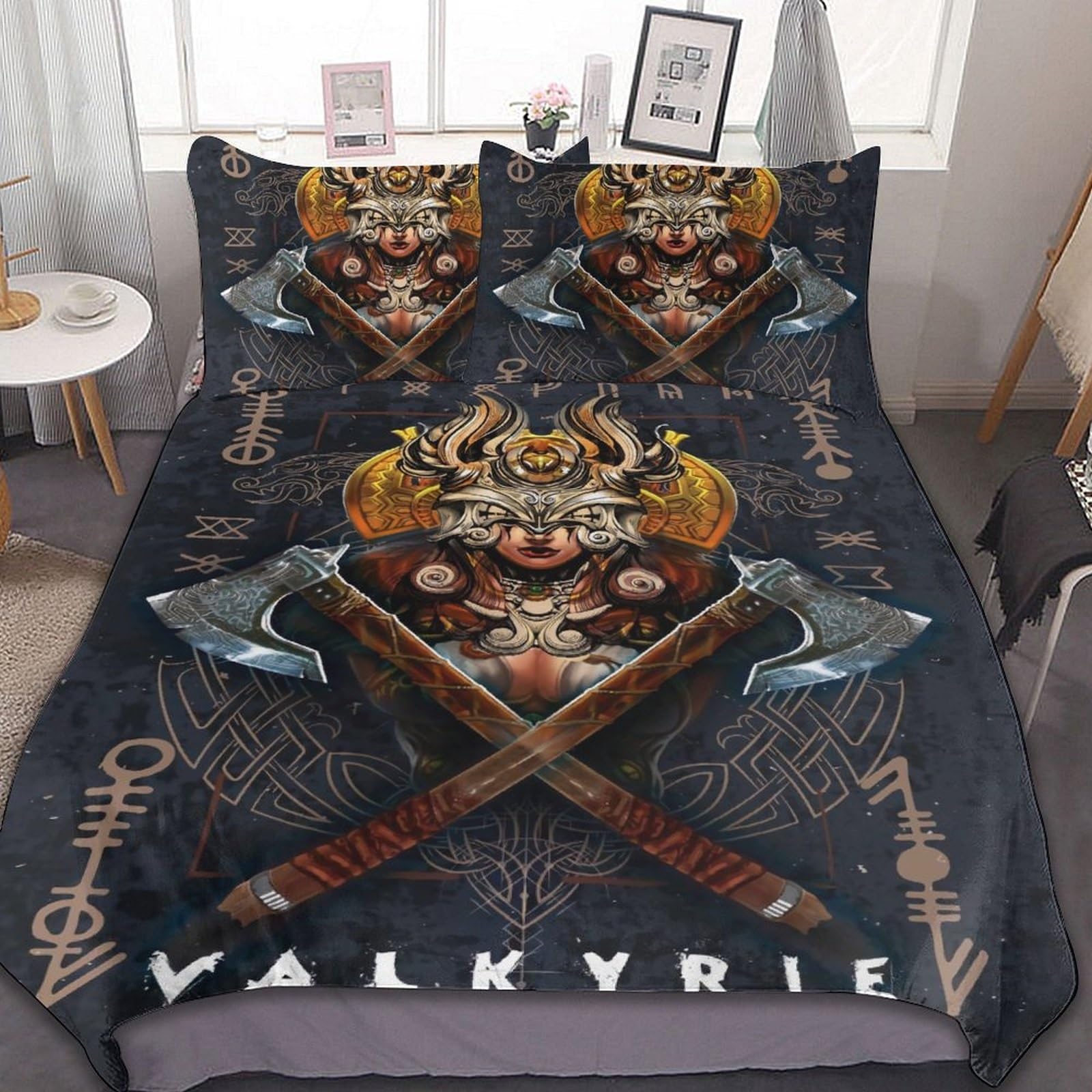 LDZDGD Viking Duvet Cover Queen, Norse Totem Symbols Pattern Quilt Cover, Farmhouse Rustic Bedding Comforter Sets (Color : Valkyrie, Size : 229 x 229CM): 229 x 229CM Valkyrie