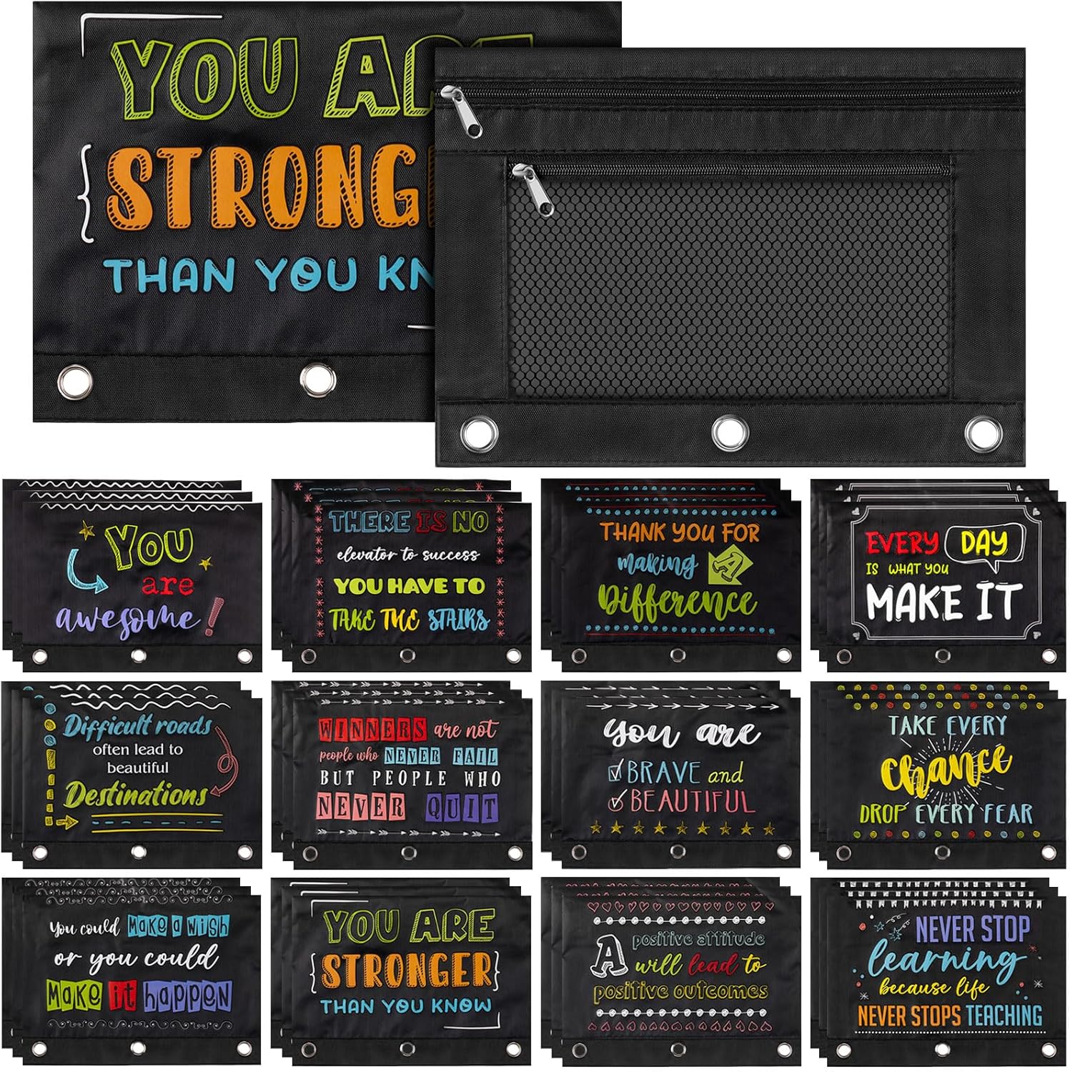 Honoson 36 Pieces Pencil Pouch for 3 Ring Binder Bulk Inspirational Pencil Pouch Double Zip Zipper Pencil Bag for Classroom Binder Cosmetic Bag Pencil Folder Case for School Students Teacher Supplies Classic Style