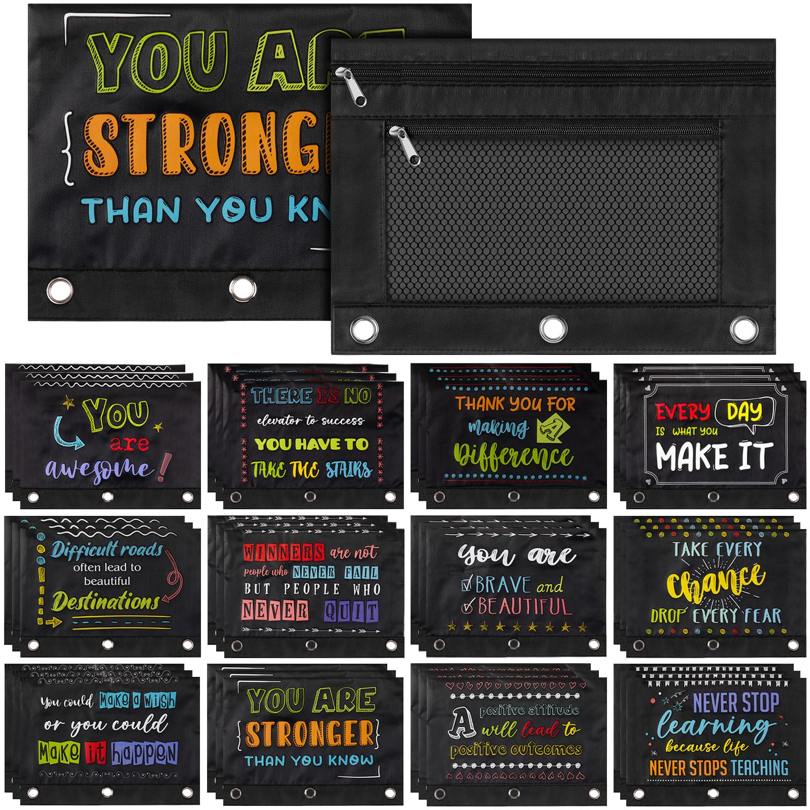 Honoson Estuche inspirador de 36 piezas para lápices con 3 anillos con cremallera doble para aula, estuche para lápices para escuela, aula, estudiantes, niños, oficina, suministros para el hogar