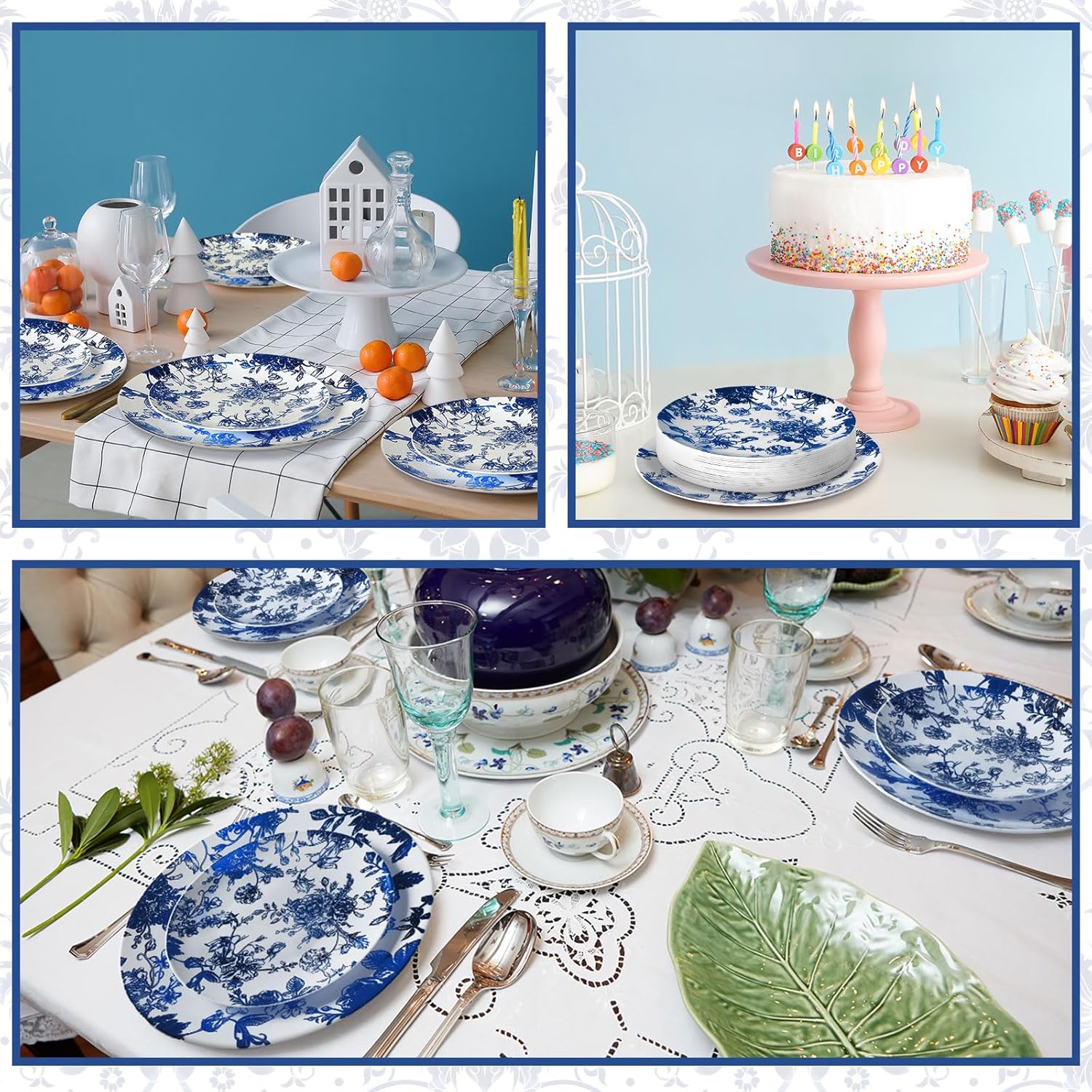 Suclain 60 Pcs Blue Plastic Floral Plates Disposable Heavy Duty White with Blue Floral 9" Dinner Plate and 7" Dessert Plate, Disposable Plastic Plates for Party Birthday Bridal Shower