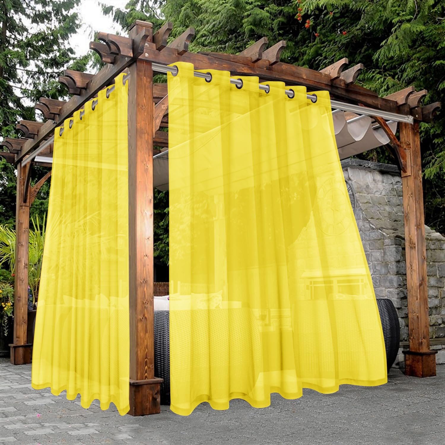 BONZER Waterproof Indoor/Outdoor Sheer Curtains for Patio - 2 Panels Wide Grommet Voile Curtains for Living Room, Bedroom, Porch, Pergola, Cabana, 100 x 108 inch, Yellow