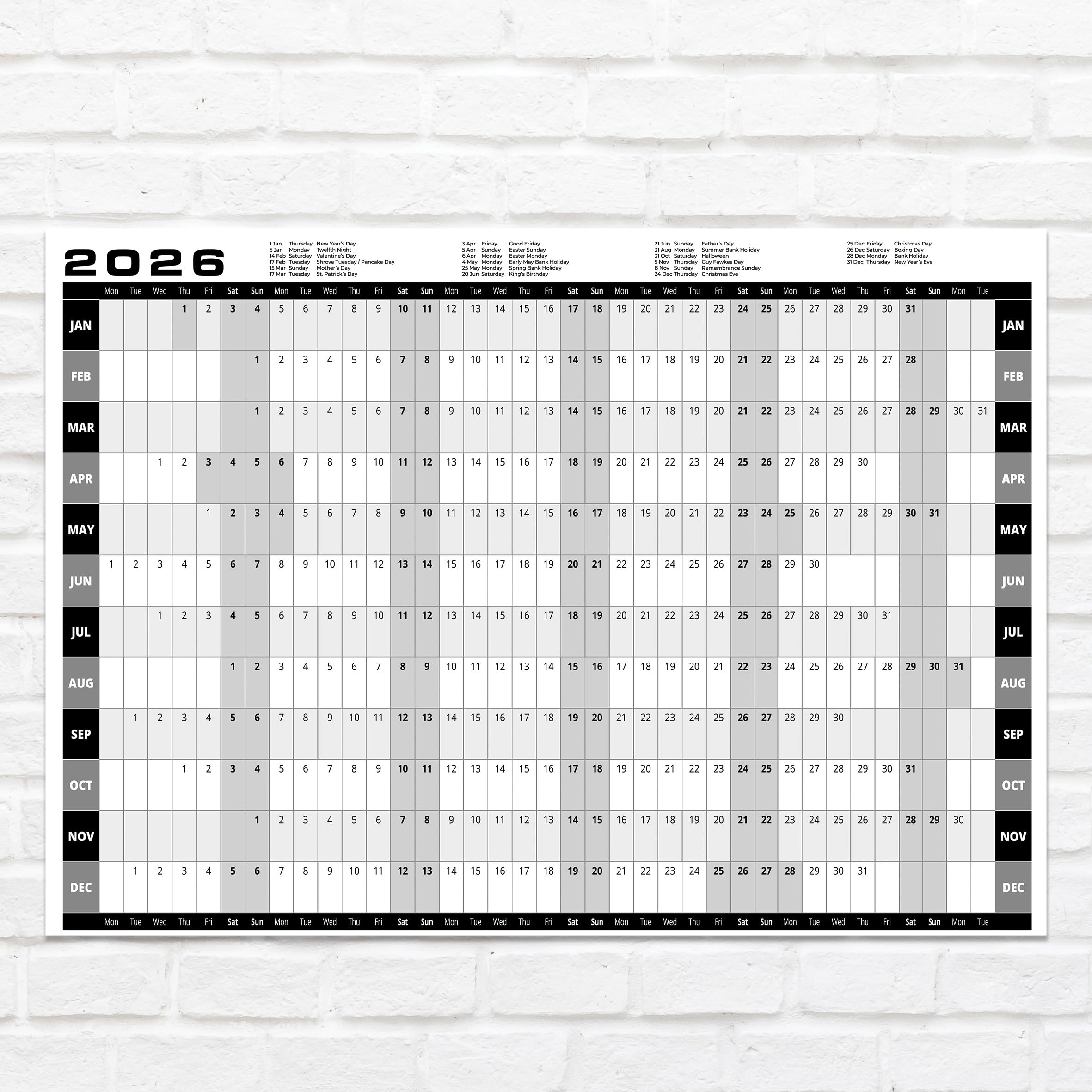 2026 Wall Planner Calendar, Black and White, Large Format with Bank Holidays Highlighted, 43x21mm Cell Size, Annual Office Planning
