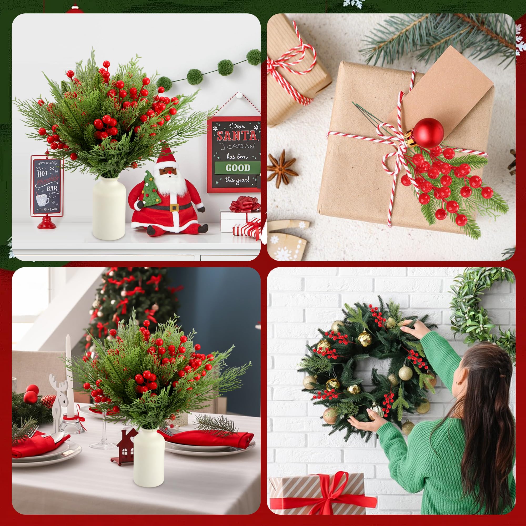 Künstliche Tannenzweige für Weihnachten, 20,3 cm, künstliche rote Beerenstiele, 34,3 cm, künstliche künstliche Tannen, Nadeln, DIY-Handwerk, Dekorationen für Weihnachtsbaum, DIY-Kranz, Girlande