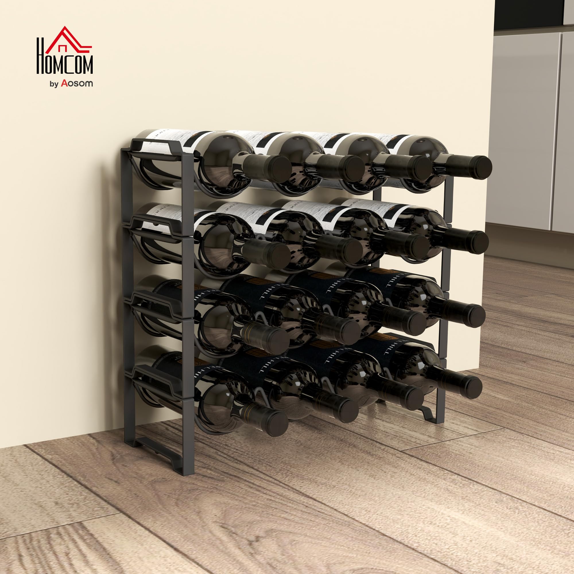 HOMCOM Portabottiglie Vino a 4 Livelli a Onda Impilabili per 16 Bottiglie, Cantinetta Portabottiglie Metallo per Cucina, Bar, Dispensa e Cantina, 42.5x16.5x41 cm Nero