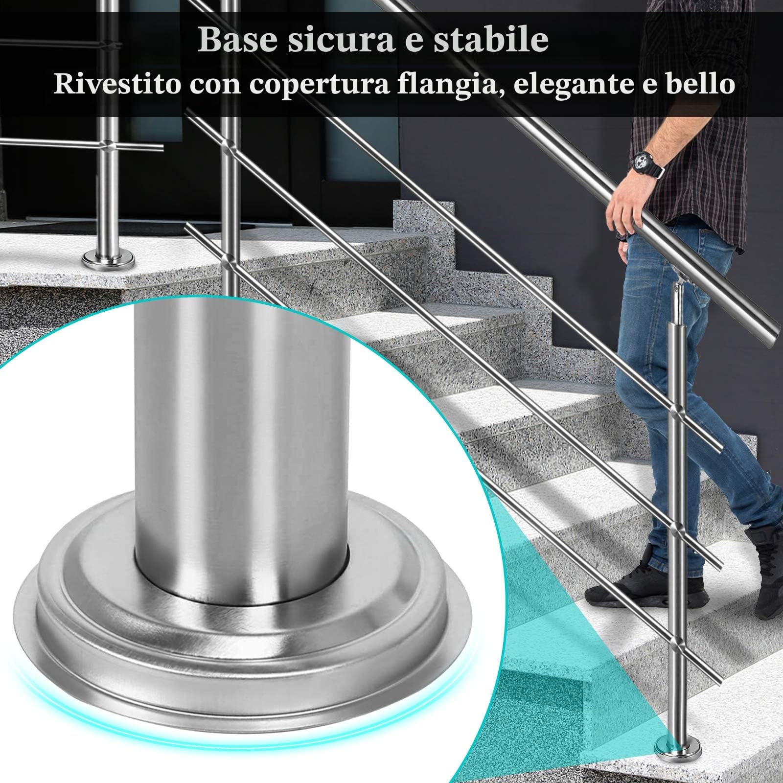 FIVMEN - Ringhiera in acciaio inox per scale esterne, 160 cm, corrimano con 2 pali, kit di costruzione per scale per interni ed esterni, senza barre trasversali