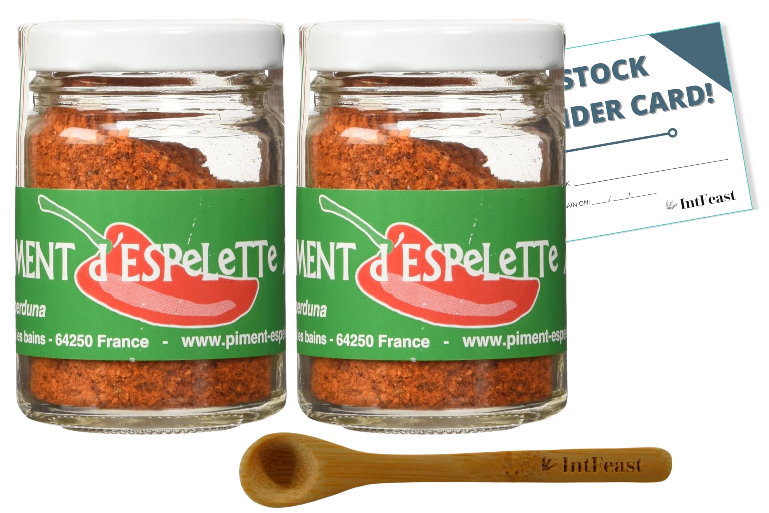 French Culinary Delight: Biperduna Piment d'Espelette - Authentic Red Chili Pepper Powder from France (Pack of 2) with 1 Bamboo Spoon and 1 Restock Reminder Card by IntFeast