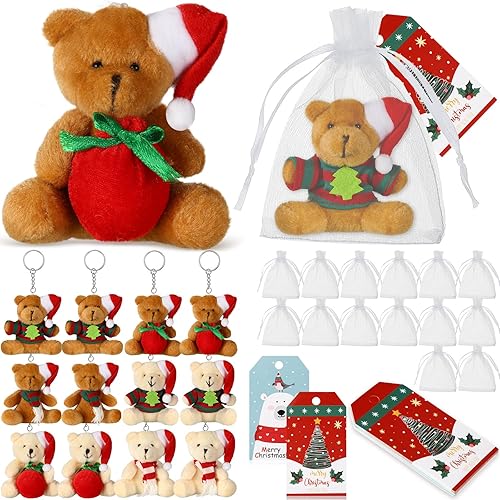 Shappy 36 llaveros de oso de Navidad, 12 juegos de llaveros de oso pequeño, incluye 12 llaveros de oso de peluche de 3.5 pulgadas, 12 etiquetas de