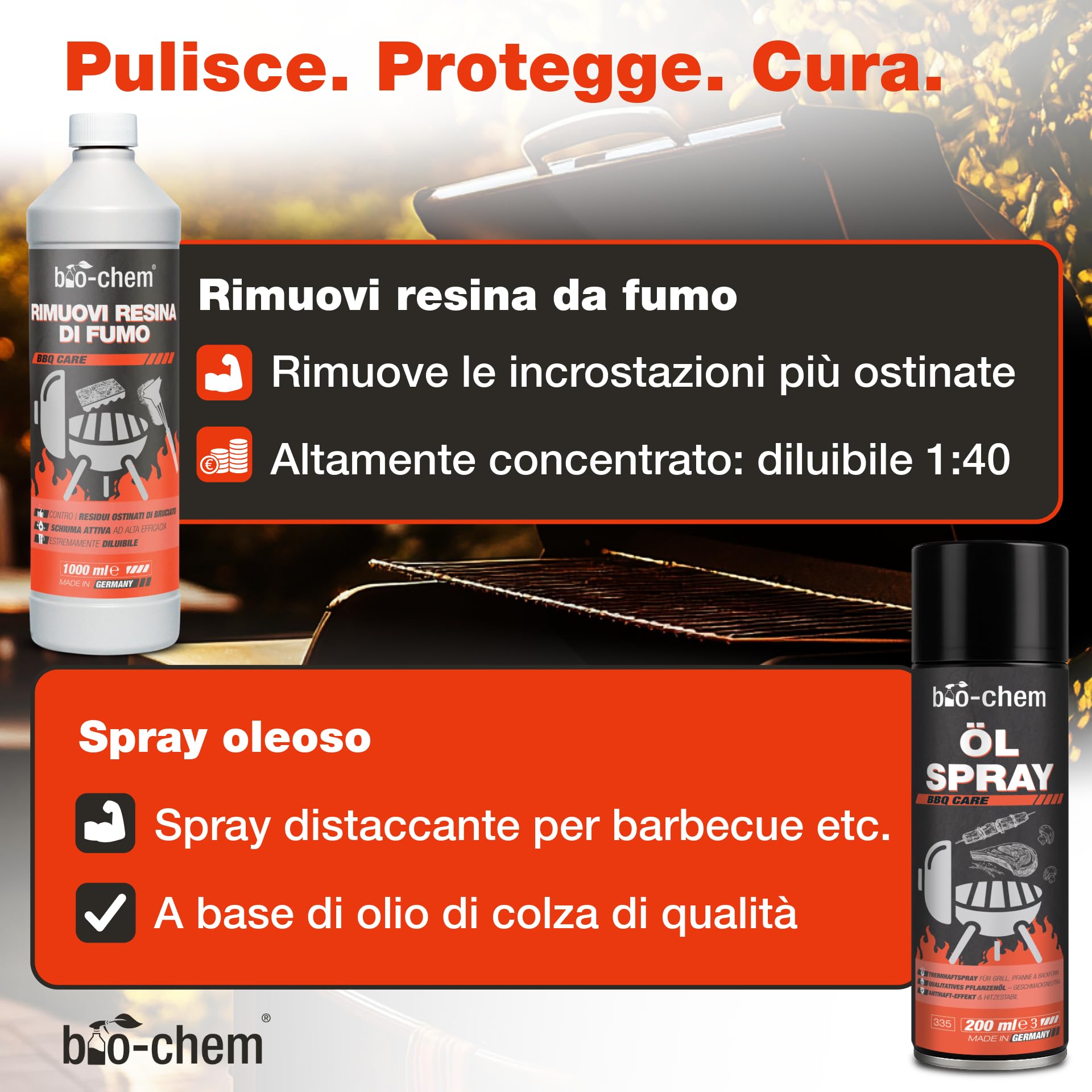 Bio-Chem - Set Pulizia per barbecue 9pz - Decapante resina 0,5L - Detergente per superfici bbq 750ml - Spray inox 750ml - Spray di olio 200ml - Kit completo con accessori griglie brillanti e protette