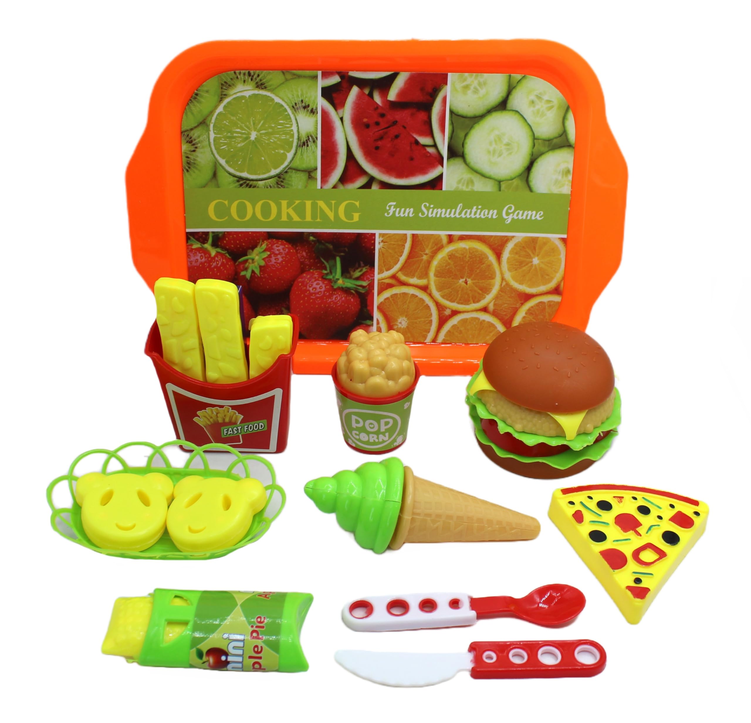 Neokiddo Toys 13Pc Pretend Play Food Kitchen Set Toy for Kids & Toddlers/Boys & Girls– Role Play Plastic Tray with Pizza, Ice Cream, French Fries, Chocolate, Burger & Accessories (Orange)