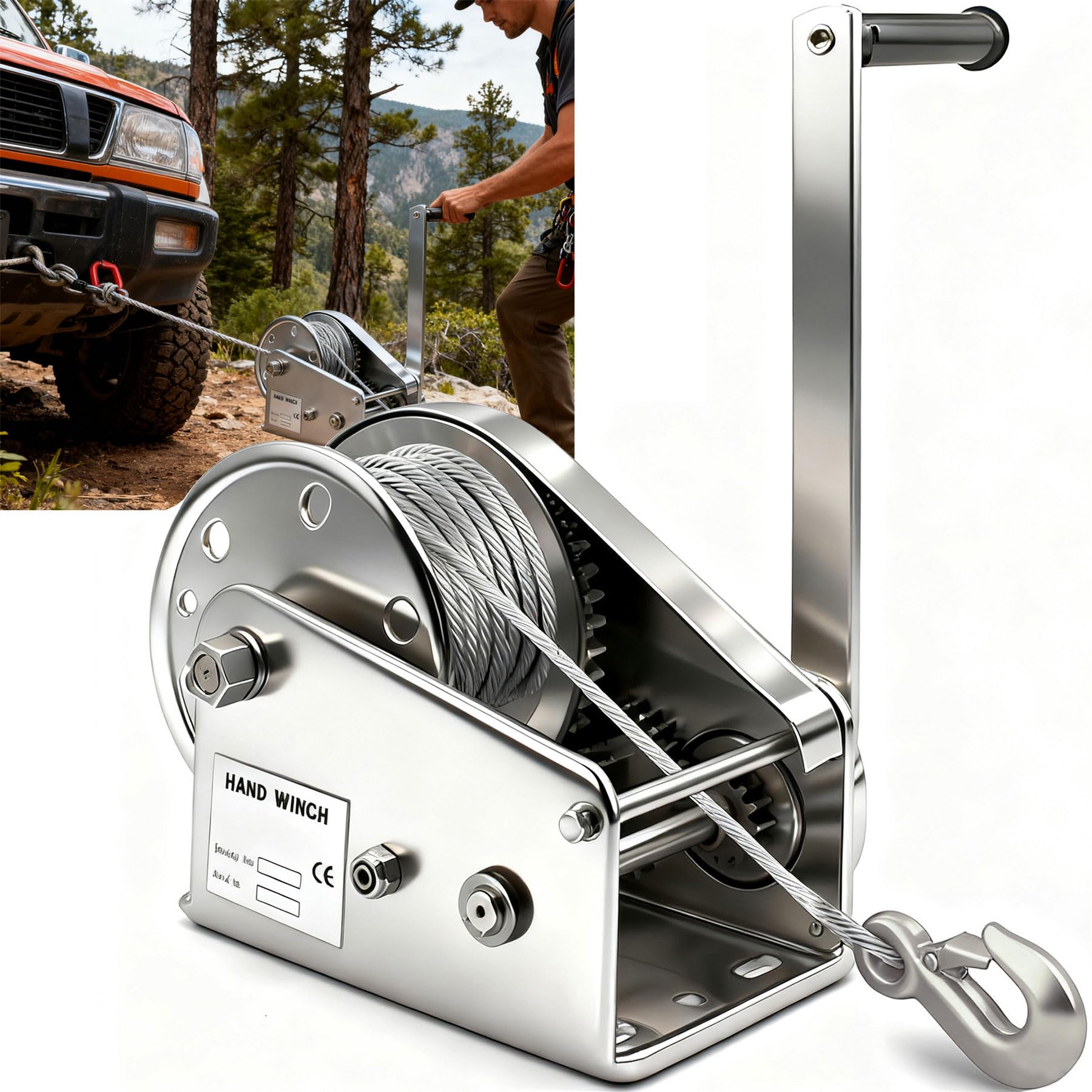 Verricello Manuale Acciaio Inox per Barca e Auto 1200/2600lbs | Verricello Manuale Piccolo con Freno Automatico, Argano Manuale a Fune Portatile per Tirare e Sollevare Carichi Pesanti