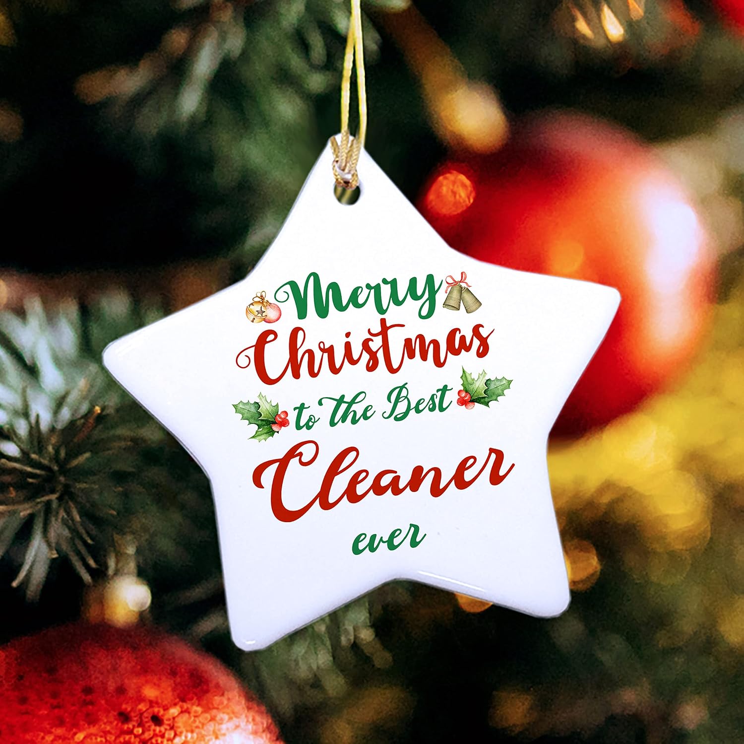 DesiDD Merry Christmas to the Best Cleaner Ornament for Christmas Tree - Star Shaped - Appreciation Day Him Her Men Women Best Friend Coworker - Birthday Xmas Gifts Party Decor