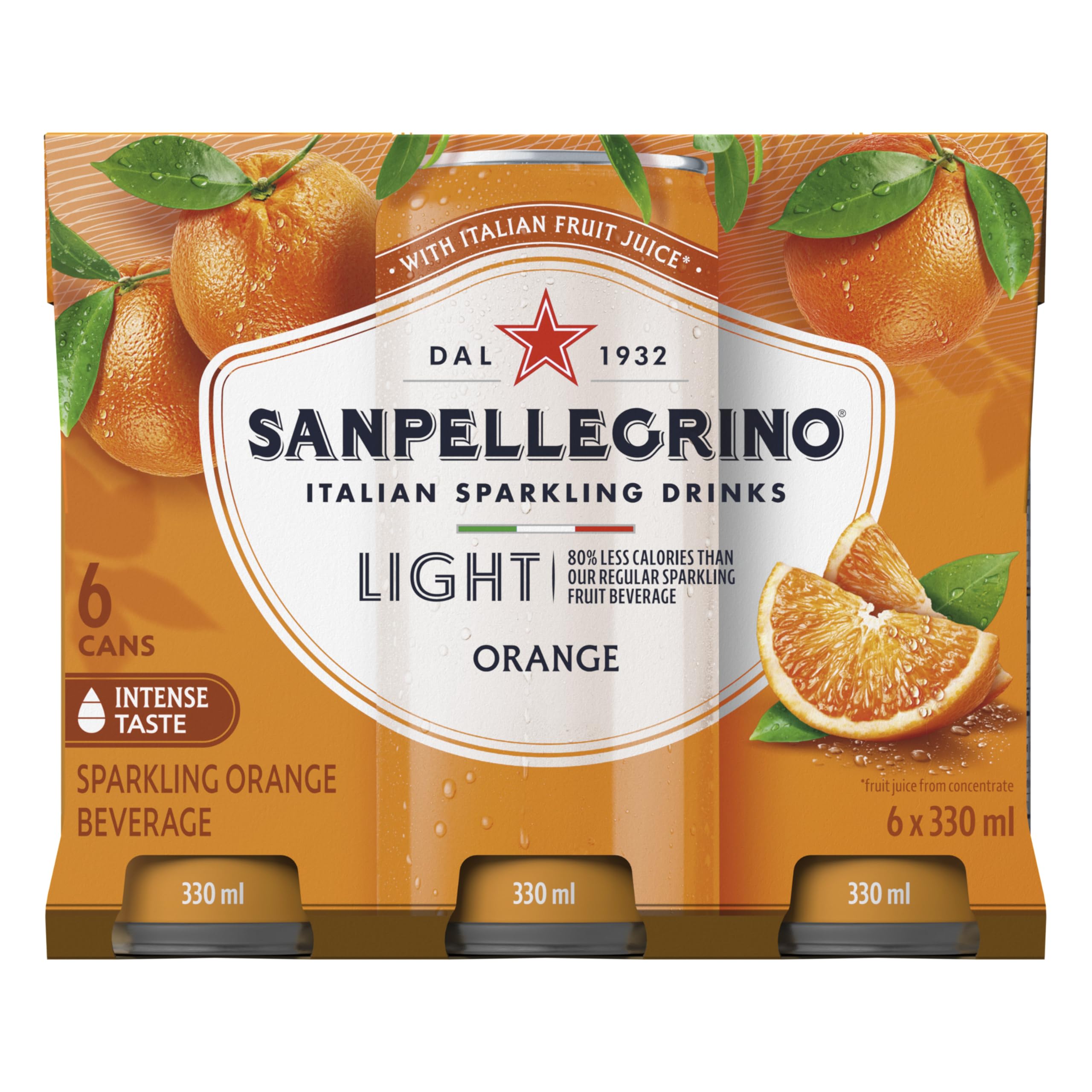 San Pellegrino Light Orange, Sparkling Fruit Beverage, 25 Calories Per Serving, Made With Real Fruit Juice (From Concentrate), Bold And Flavourful, Crafted in Italy, 6 Cans, 330 ml