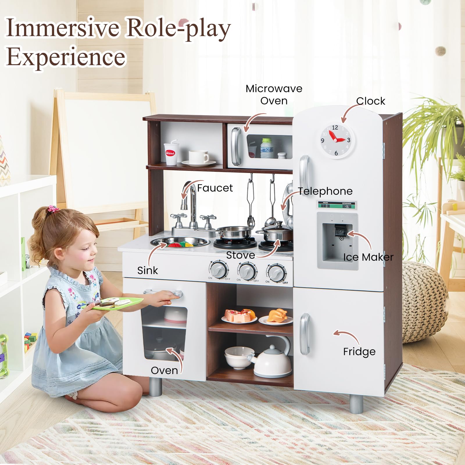 HOMASIS Cucina Giocattolo in Legno, Cucina per Bambini con Suoni e Luci, Cucinetta con Microonde, Forno, Distributore di Acqua, Frigorifero, Set da Cucina per Bambini dai 3 Anni in su, Bianco
