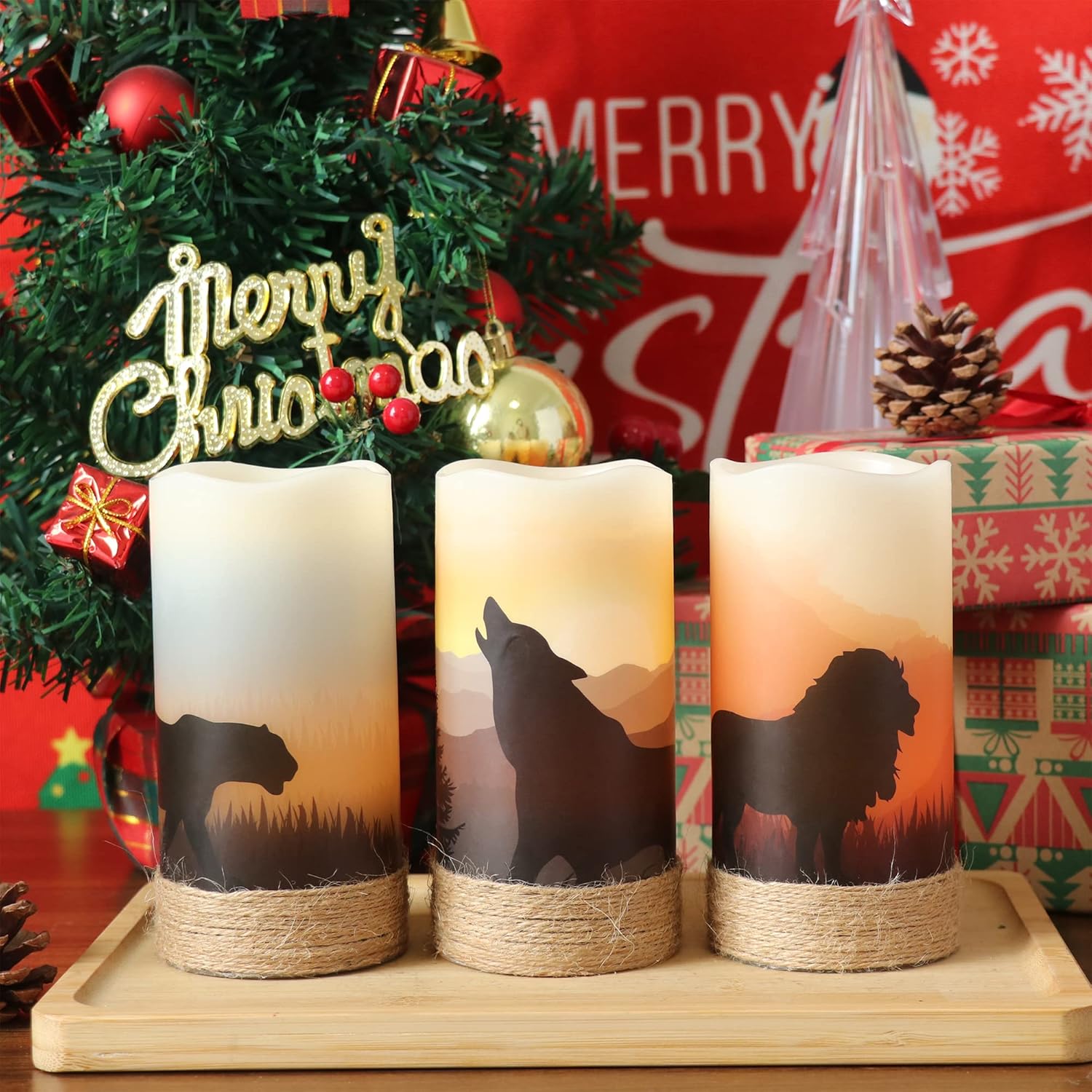 DRomance Flameless Flickering Candles Battery Operated with 6 Hour Timer Hemp Rope Real Wax Flickering LED Pillar Candles Lion Wolf Leopard Decals Dinner Holiday Decor(3 Pack, 3" x 4", 5", 6")