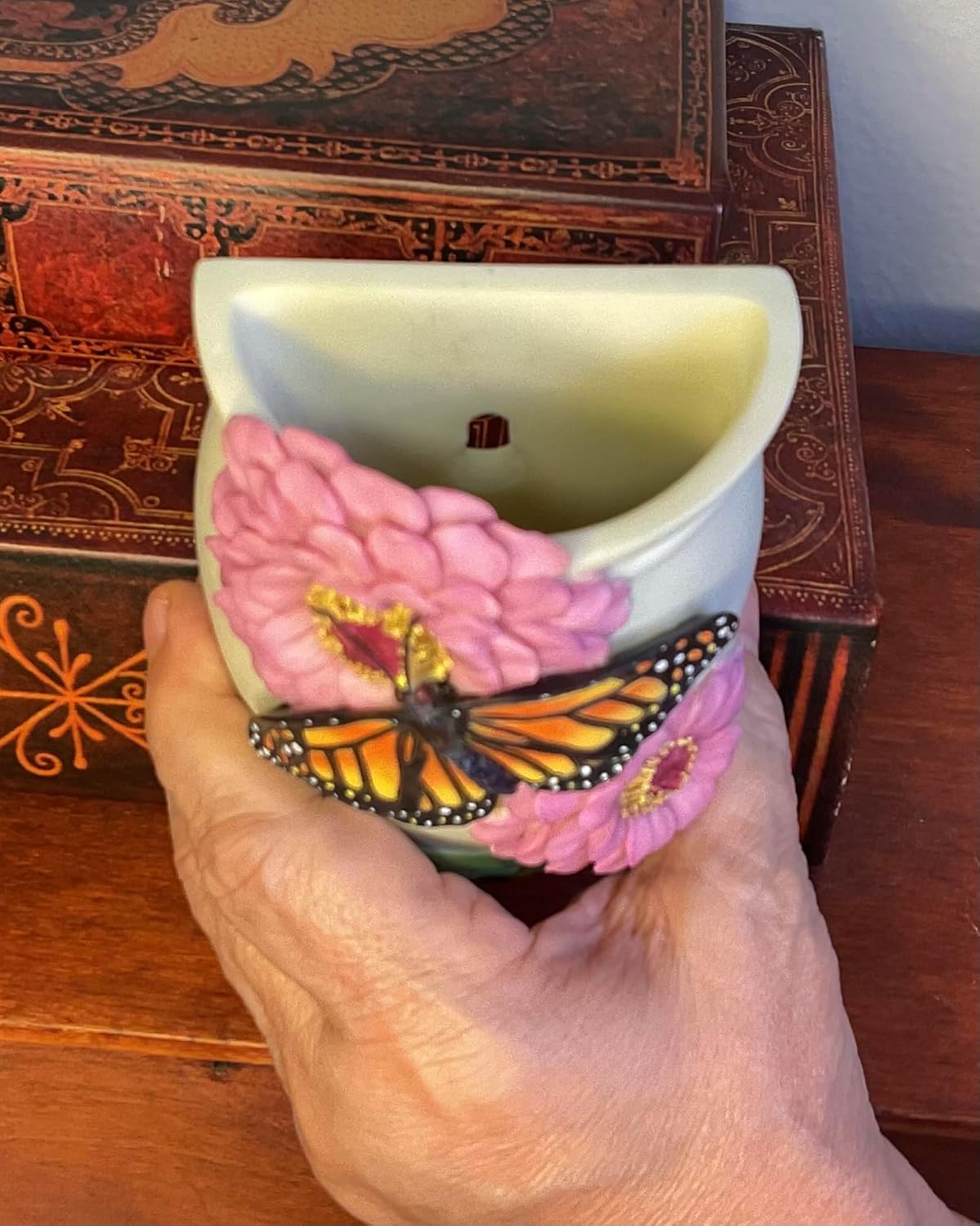 Monarch Butterfly Wall Planter – Hand-Painted Hanging Vase with Zinnia Flowers – Wall-Mounted Small Planter Pot for Indoor Plant & Succulents – Wall Pocket Gift for Home Décor by SassyXpressions