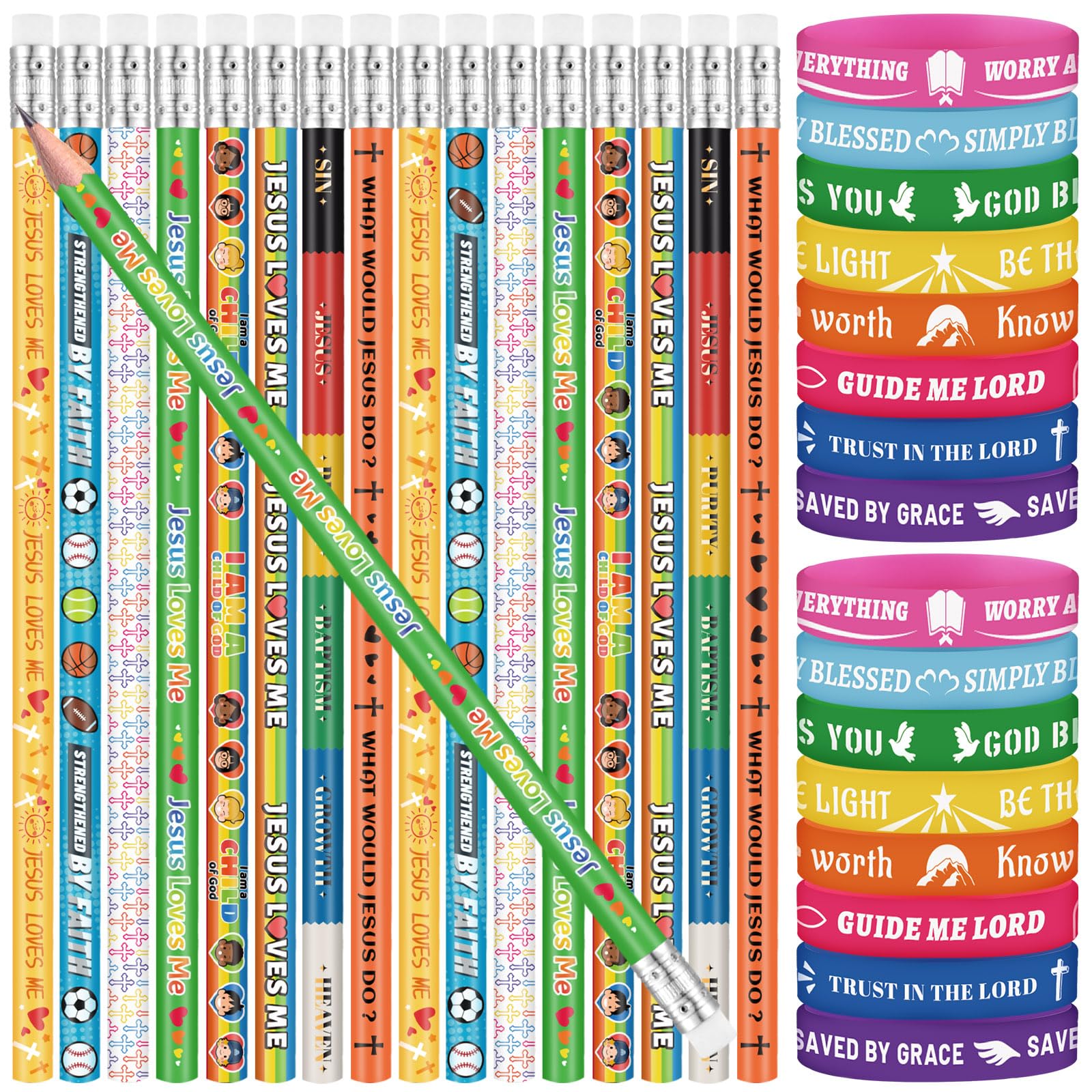 Geyoga 32 Pcs Bible Verses Pencils and Wristbands Set Inspirational Silicone Wristbands Motivational Scripture Christian Pencils Religious Communion Gifts for Sunday School Church Supplies
