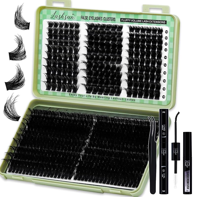 Kit de cílios em tufos LASHSUN D Curl com 540 unidades, 4 estilos e comprimentos de 10 a 22 mm