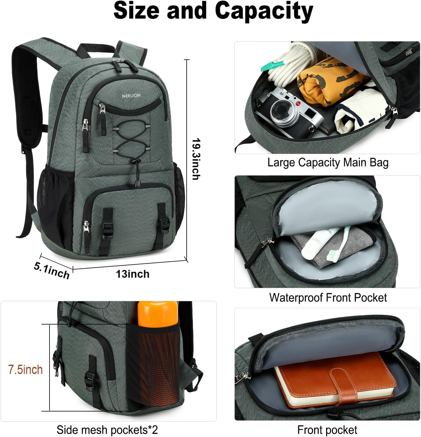 Nerlion Lightweight Foldable 35L Hiking Backpack Travel Backpack for Men Women Camping Waterproof Outdoor Hiking Daypack Backpack Dark Gray - Image 3