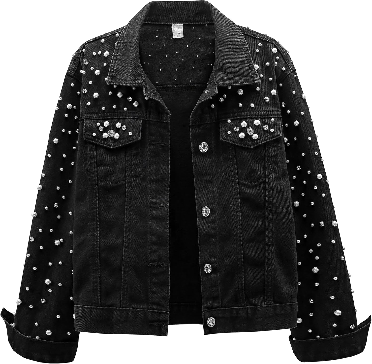 LifeShe Women's Pearls Denim Jacket Cropped Rhinestones Jean Jacket Coat
