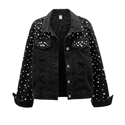 LifeShe Women's Pearls Denim Jacket Cropped Rhinestones Jean Jacket Coat