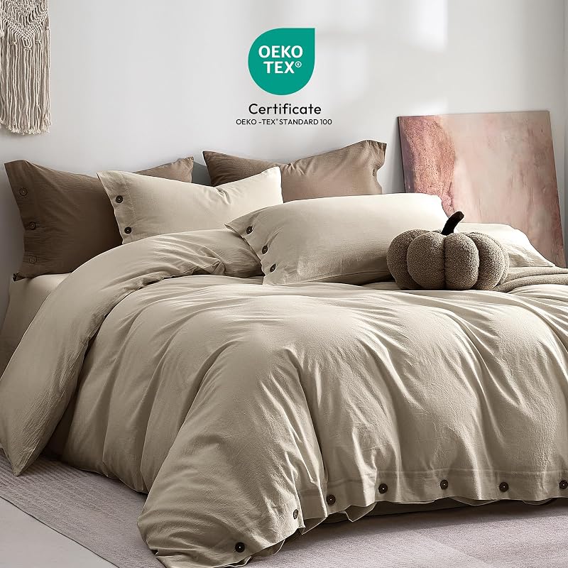 JELLYMONI 100% Washed Cotton Oatmeal Duvet Cover Queen, Linen-Like image 2