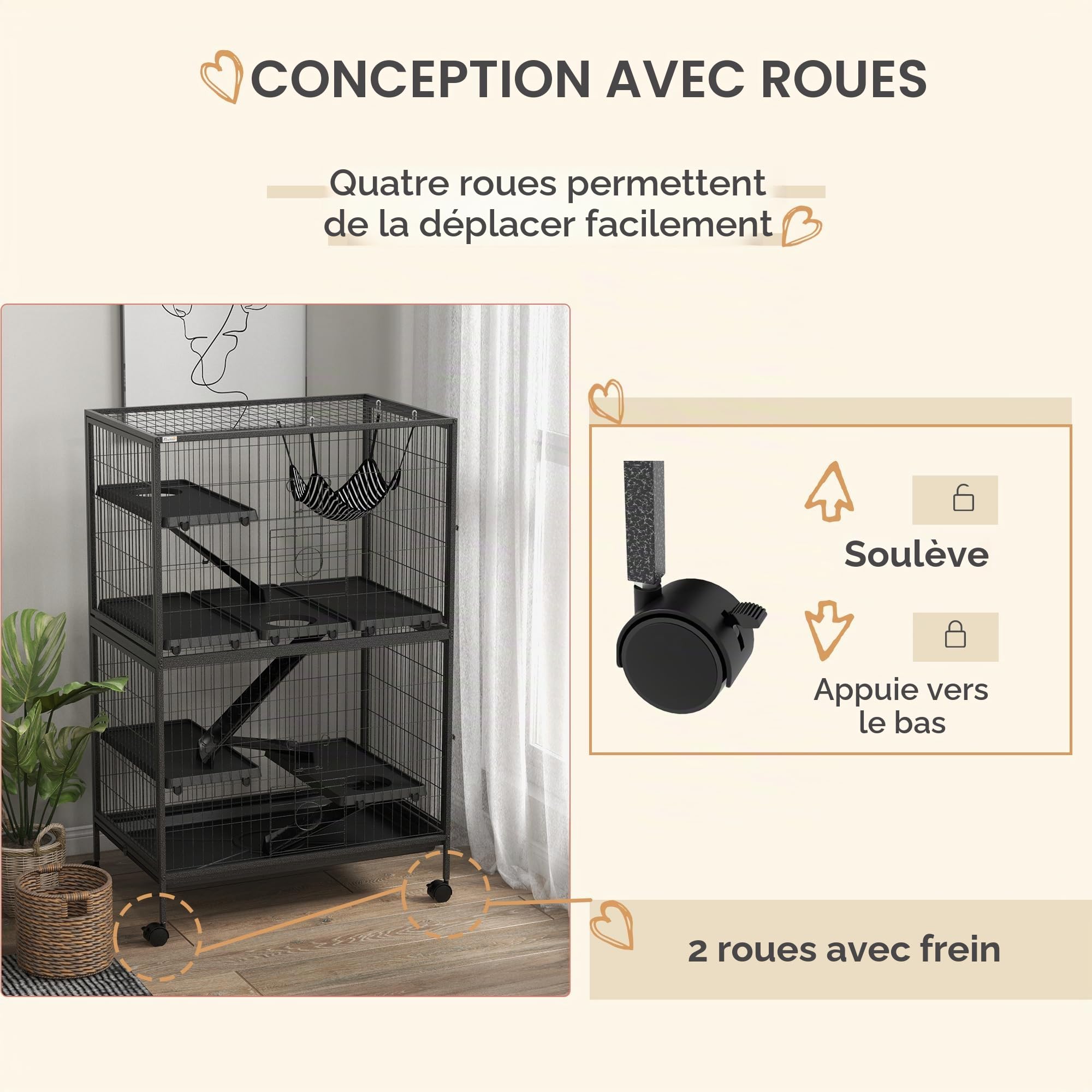 PawHut Cage pour Petits Animaux 4 Niveaux Cage pour rongeurs avec Roues, rampes, hamac Suspendu et Plateau Amovible Enclos pour Lapins Chinchillas Furets 80x52x128 cm Gris foncé