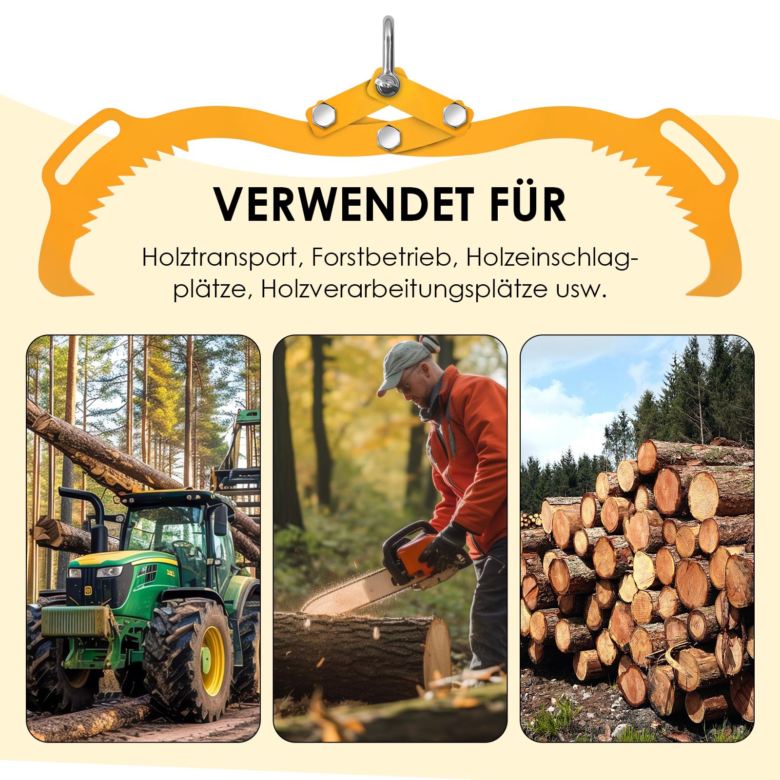 Forstzange für Baumstämme Hebezange, 1000 kg Zugkraft bis 640mm, Rückezange mit 2 Klemmdornen, Schleppzange, Verladezange, Holzzange für Verladearbeiten, zum Transportieren & Fassen von Holz