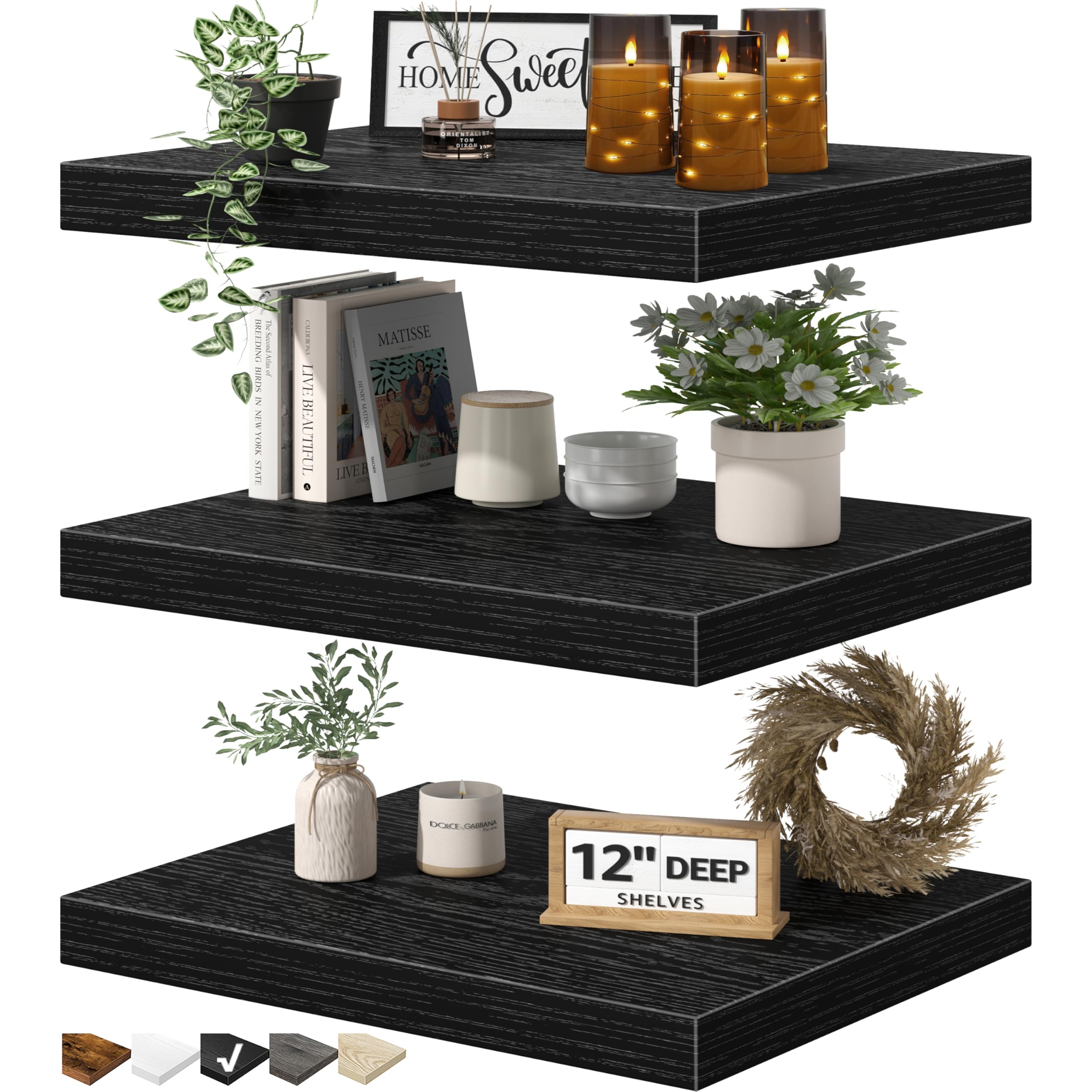 QEEIG 12" Deep Floating Shelves for Wall - 12 x 16 inch Book Shelf Bathroom Bedroom Kitchen Living Room Hanging Bookshelf Farmhouse Set of 3, Black (