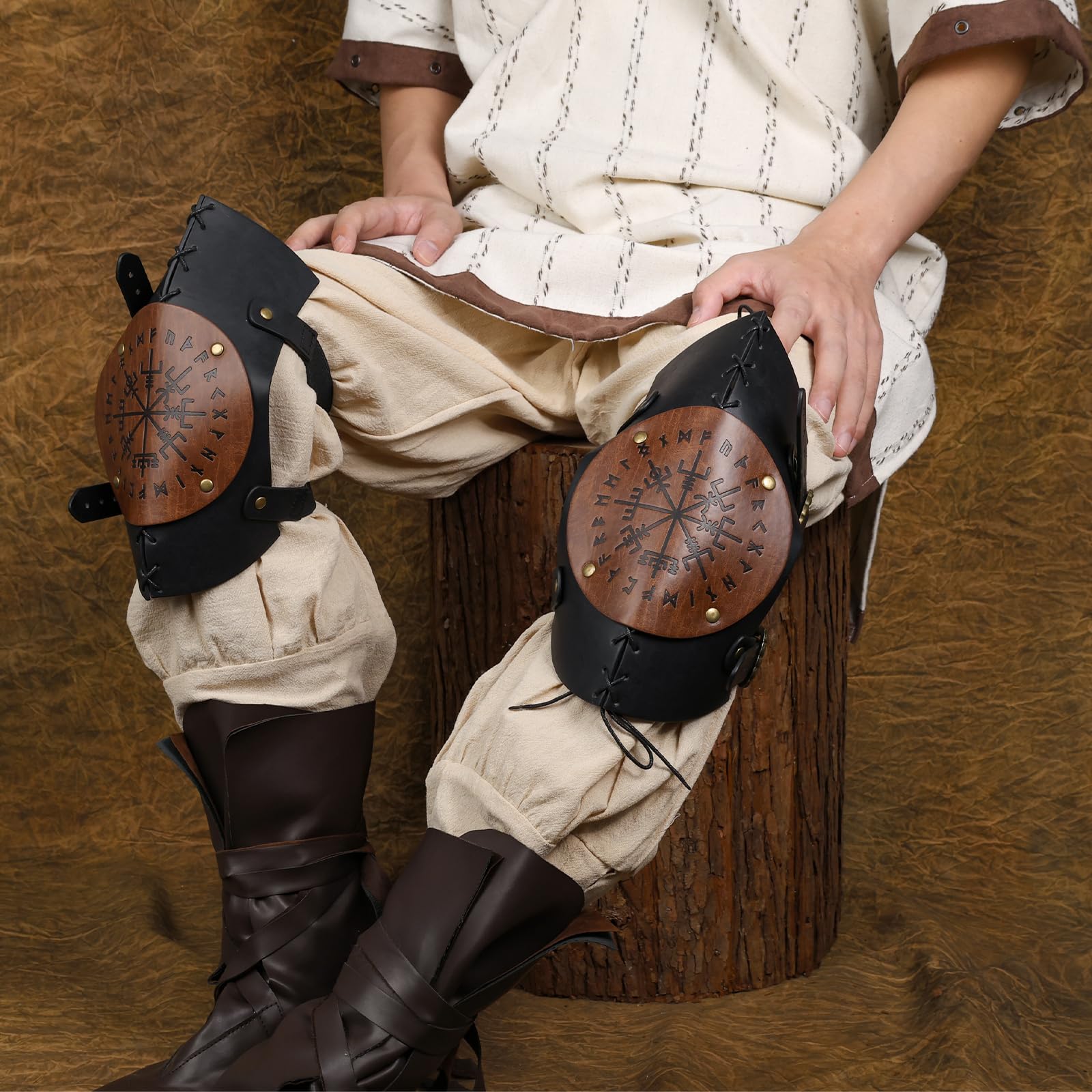 HiiFeuer Viking Faux Leather Knee Braces, Adjustable Embossed Knee Pads, Medieval Leg Armor Knight Leg Guards for Ren Faire (Black A) - Image 4