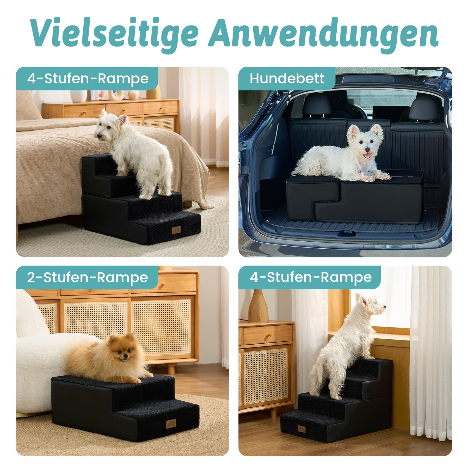Hundetreppe 4 Stufen 45cm Hoch, 2-in-1 Hundetreppen für Kleine Hunde Alte Katzen, Faltbare Haustiertreppe Katzentreppe Sofa mit Waschbarem Bezug, 40x60x45cm (Schwarz)