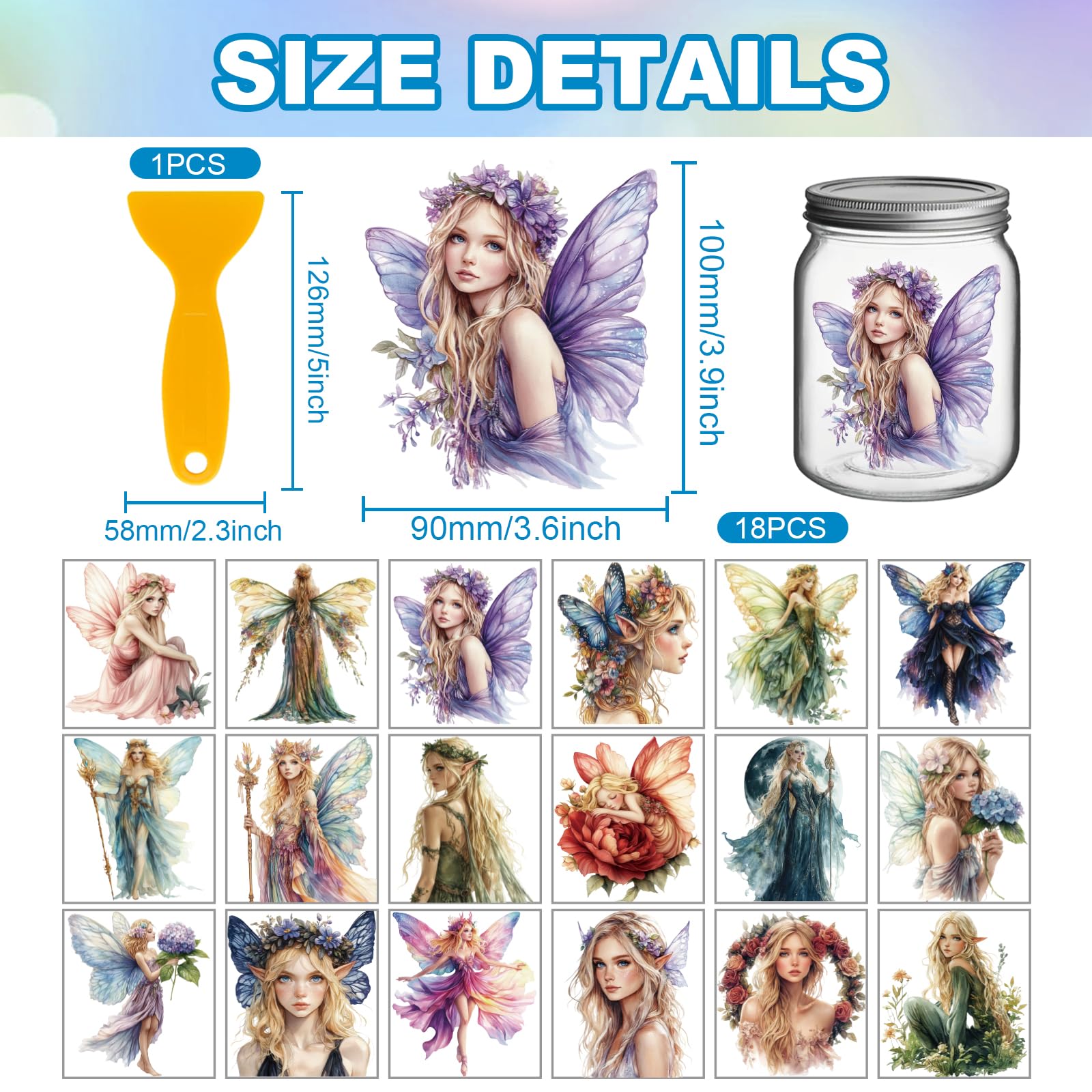 GLOBLELAND 18 Sheets Fairy Rub on Transfer 3.9x3.6inch Colorful Elf Flower Vase Home Decals Butterfly Wings Cup Transfer Stickers for Furniture Vase Glass Art Crafts Decorations - Image 2