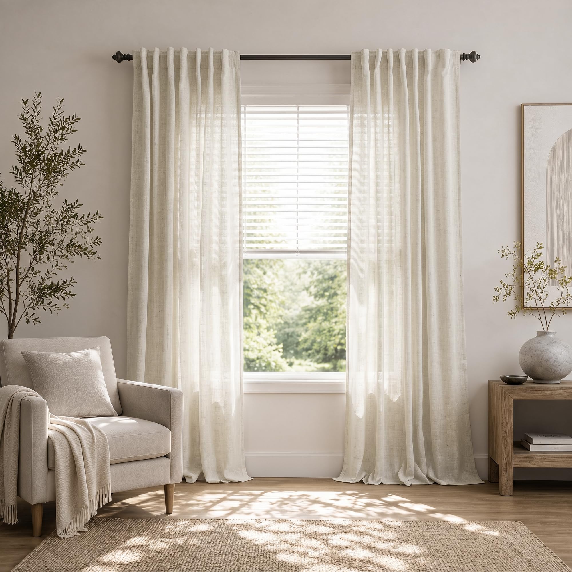 Light Oatmeal 52 by 90 Inches Long Back Tab Linen Blend Sheer Curtains