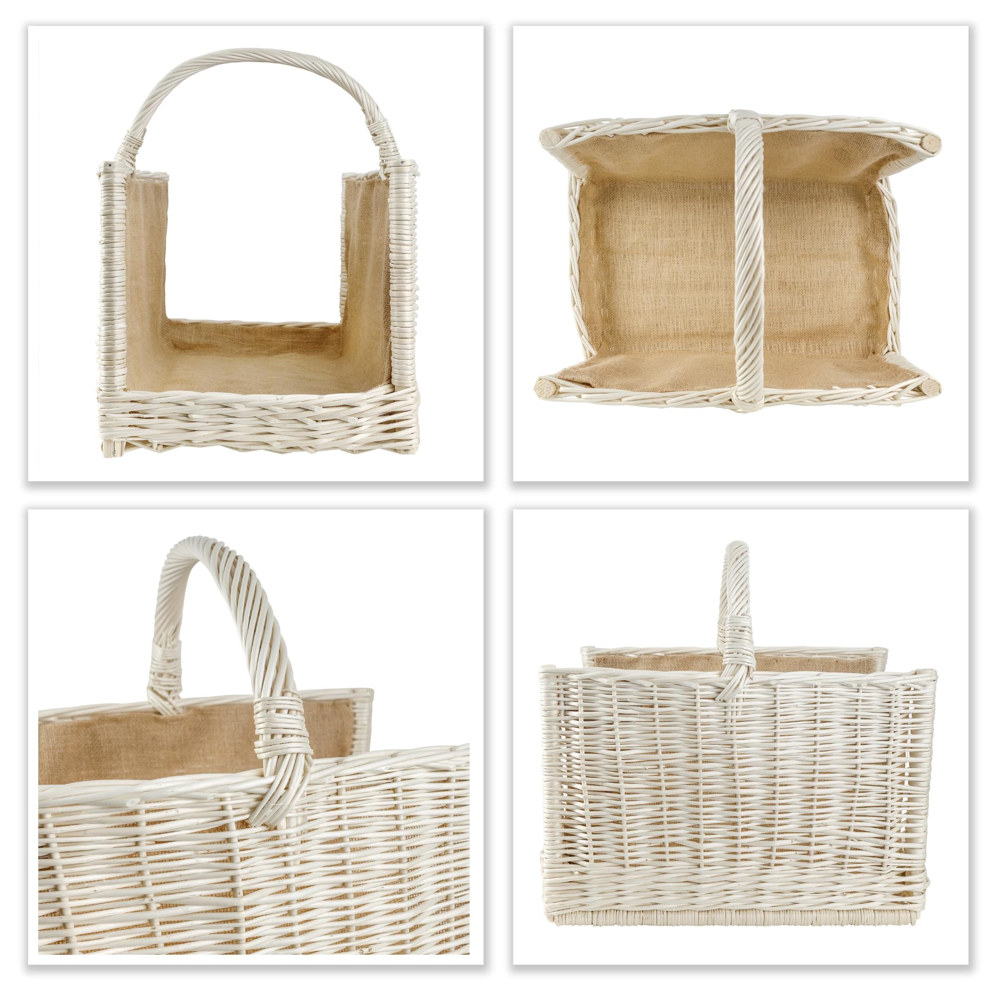 Panier de Rangement en Osier 50x34x50cm Blanc Tissé à la Main avec Poignée et Jute