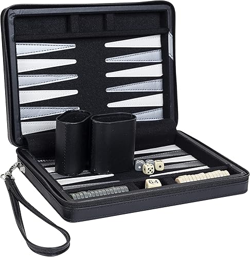 Miniatura 8 de WE Games Juego de backgammon, juegos de mesa para adultos, juegos de viaje, negro con rayas grises, tablero magnético de backgammon de cuero Negro