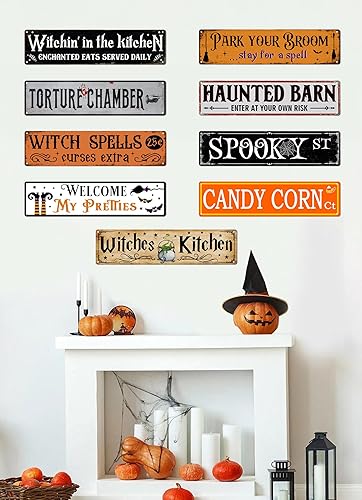 Miniatura 6 de Letrero de metal con texto en inglés Park Your Broom con texto en inglés Stay for a Spell (Stay for a Spell) para cocina, hogar, Halloween, pared,