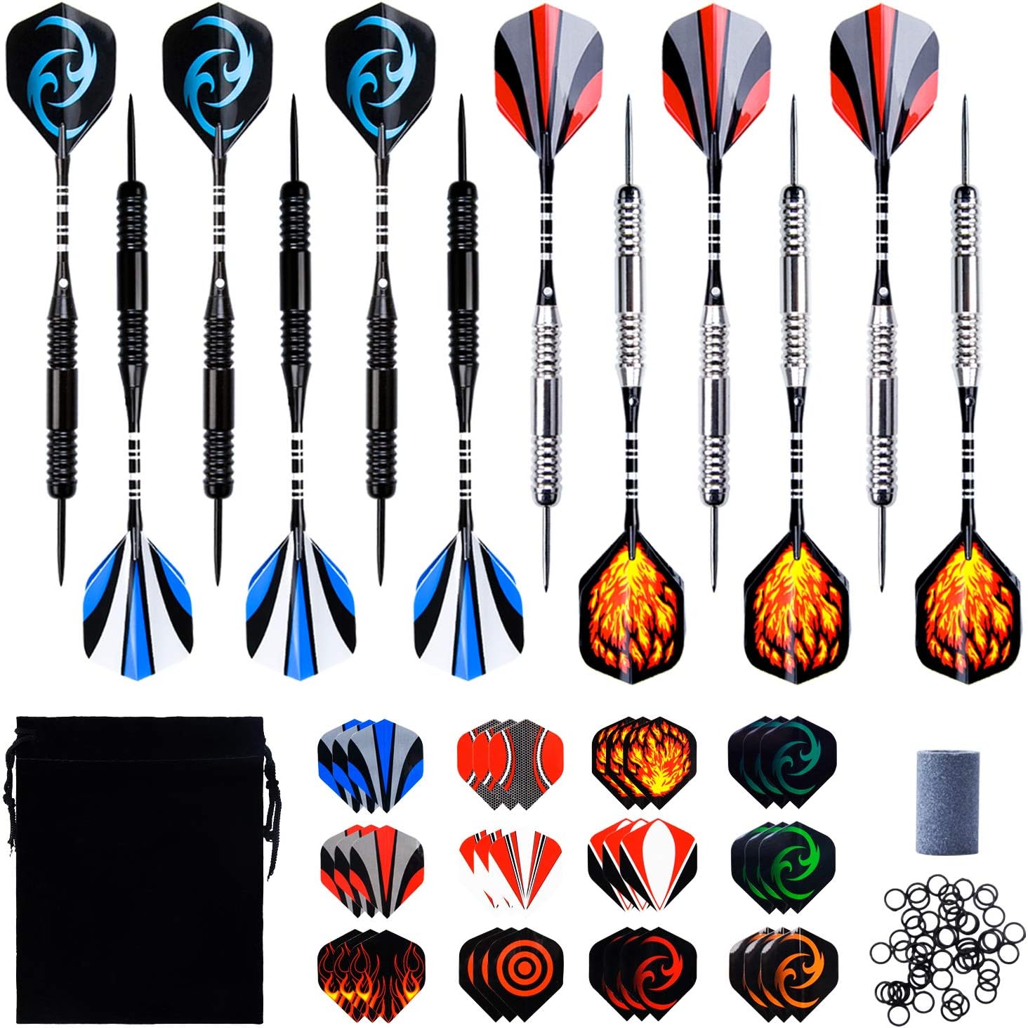 SAKUUMI Darts, Steel Tip Darts Profssional Darts Accessories Pack with 36 Pcs Darts Flights Metal Darts Set with 12 Steel Barrels 12 Aluminum Spinning Shafts 20 Anti-Loose Rubber Rings, 23 Grams