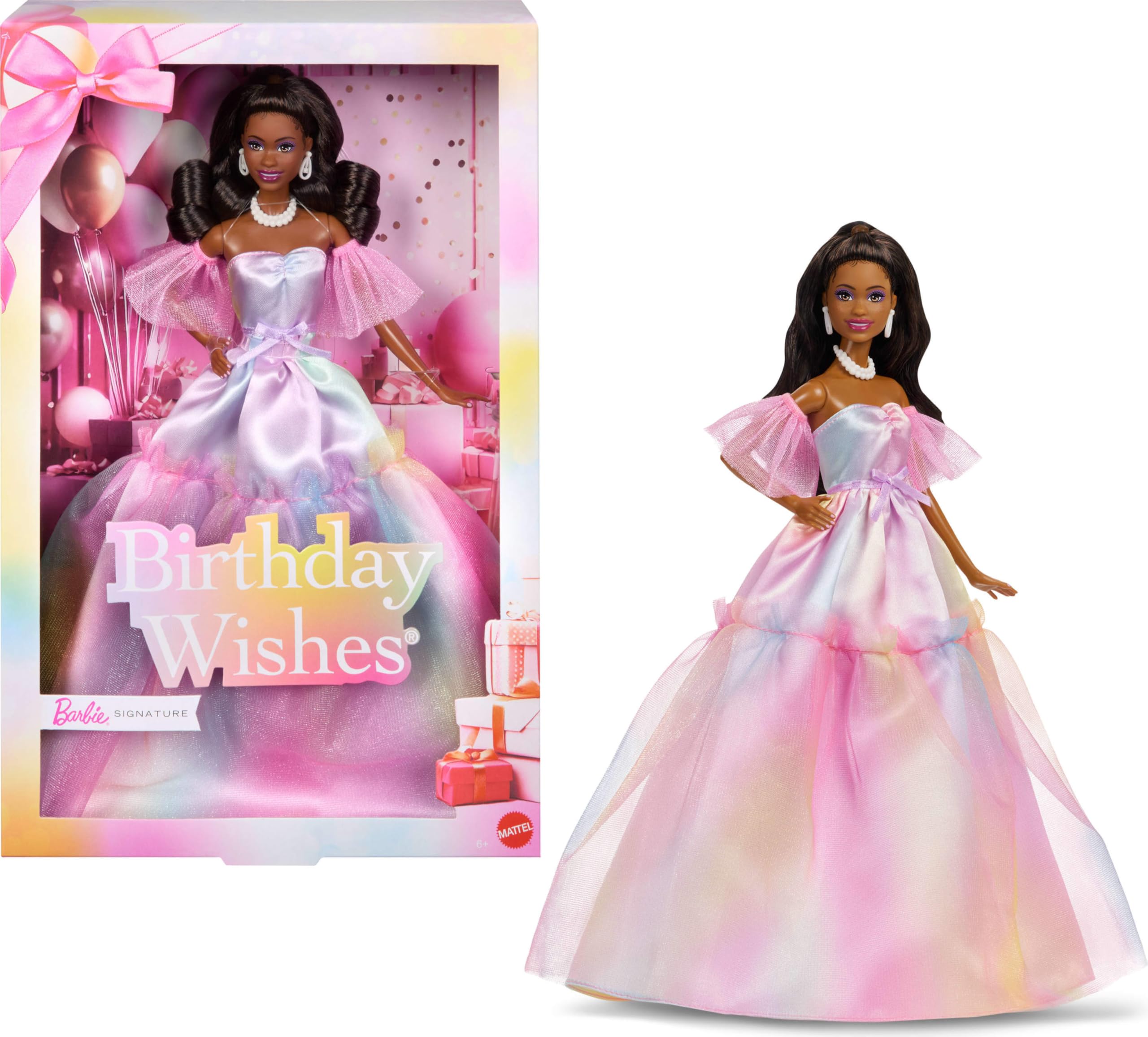 Barbie Signature Birthday Wishes Urodzinowe życzenia Lalka modowa, czarne włosy, sukienka z pastelowym tęczowym efektem, zabawka w pudełku z motywem prezentu dla dzieci 6+ i kolekcjonerów, JJX80