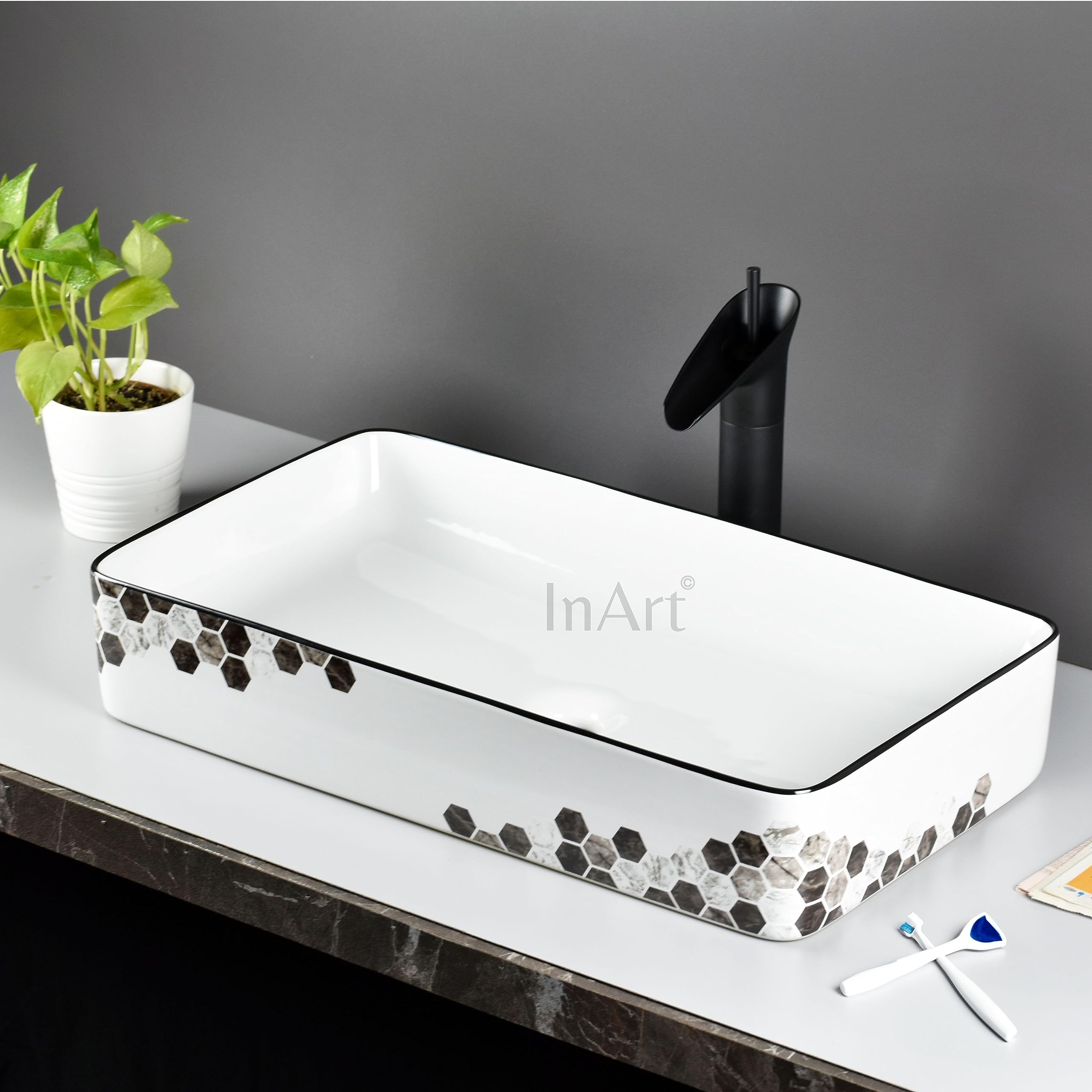 InArt Wash Basin: Designer Counter Top Bathroom Sink - Vanity Wash Basin for Bathroom, Table Top Wash Basin 62 x 35 x 12 cm (Black White) (B0CHFTCWCD) Amazon Price History, Amazon Price Tracker