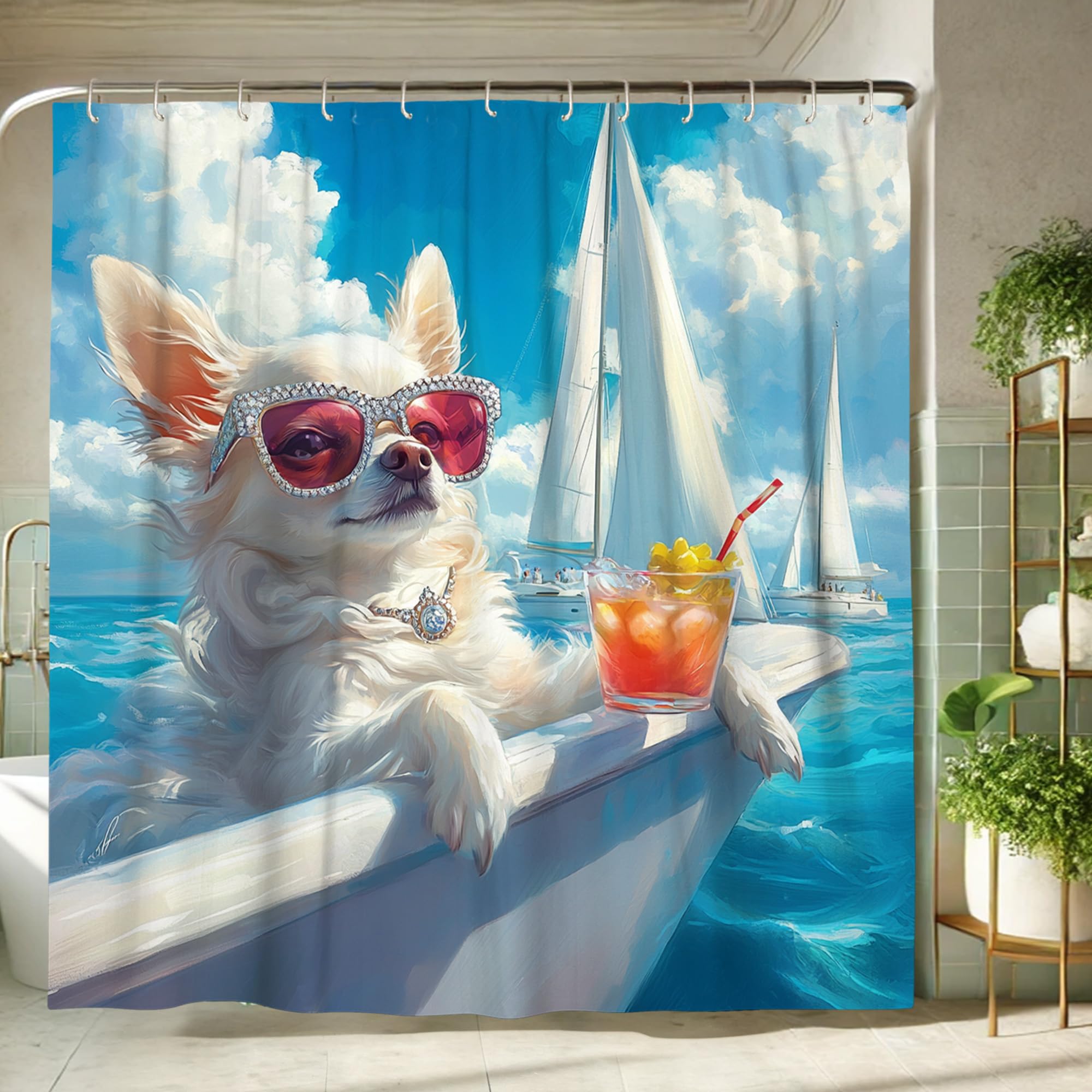 Chihuahua Shower Curtain, Tropical Ocean Blue Beach Scene Bath Curtain for Summer Decor, Fun Modern Animal Style Waterproof Fabric Shower Curtain Set with Hooks 62x72 Inch