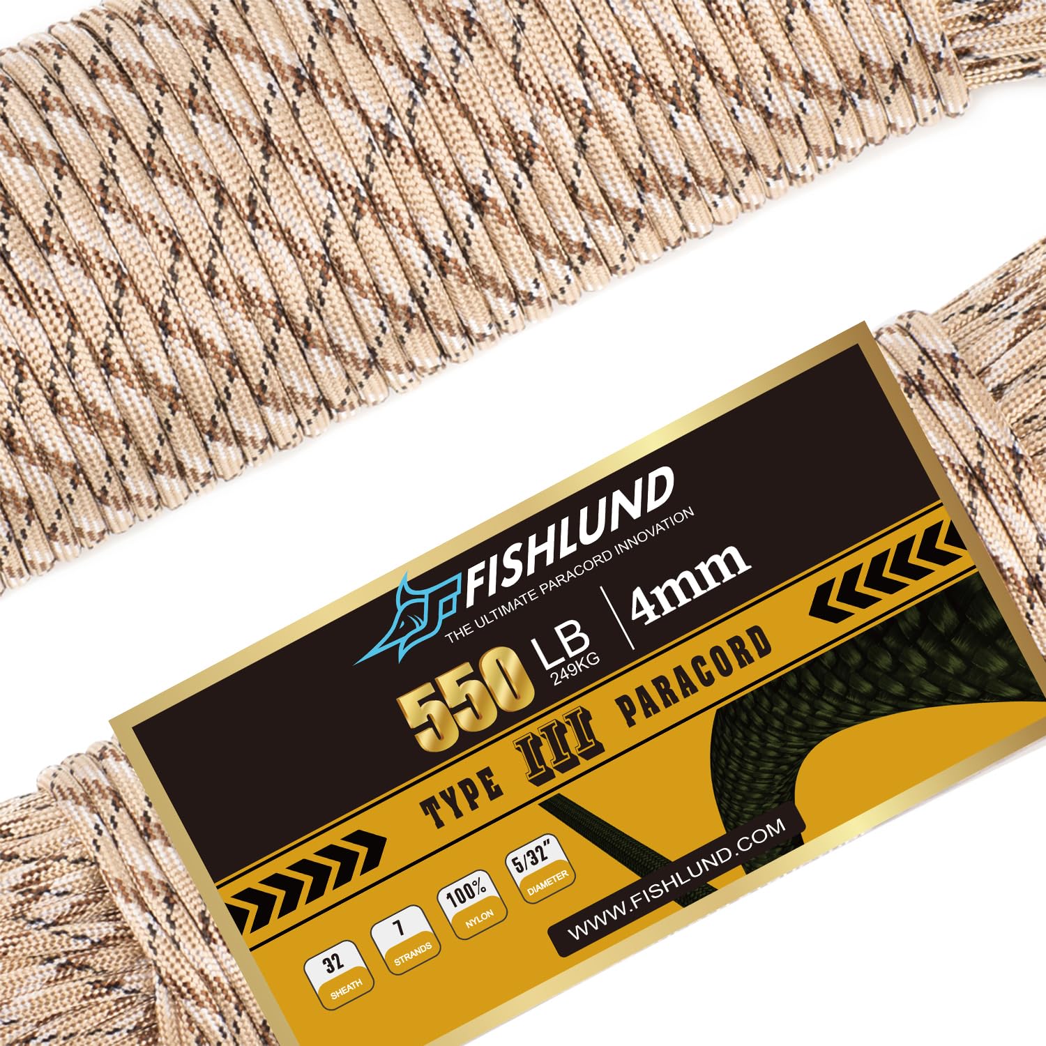 FISHLUND Paracord 550 lb, 7 Strand Paracord Rope 250ft 4mm, Nylon Parachute Cord for Camping, Desert Camo