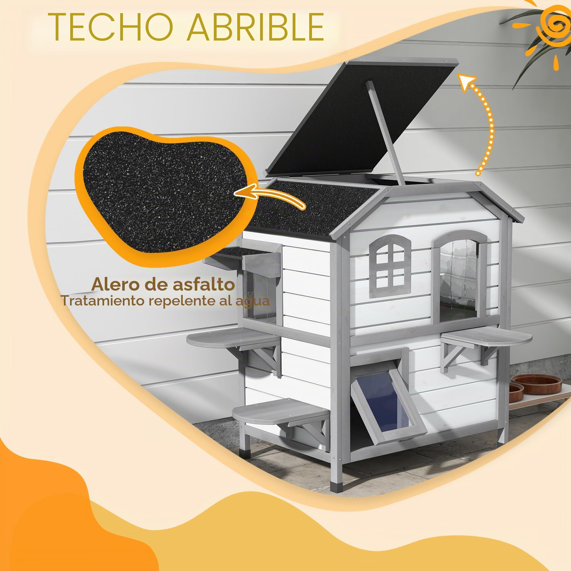 PawHut Casa para gatos de madera de 2 niveles, resistente al invierno, impermeable, con techo de asfalto, tapa plegable, escalera, cueva para gatos, exterior, jardín, balcón, 78 x 55,5 x 91 cm, color | Impermeable, caseta para gatos con techo de asfalto,
