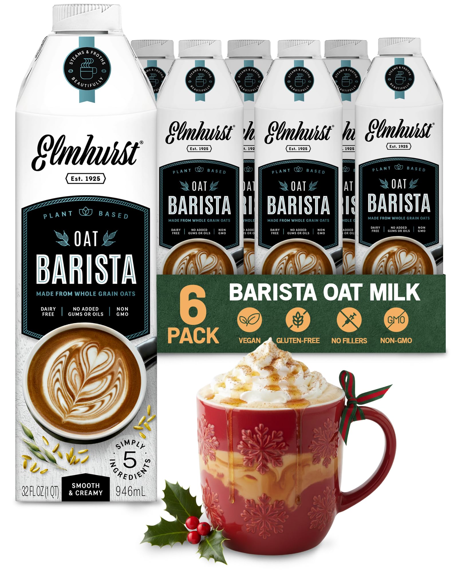 Elmhurst 1925 Oat Milk Barista Edition – 32oz (6-Pack) Plant-Based, Vegan, Dairy-Free, Kosher, Gluten-Free, Non-GMO, Froths for Lattes & Iced Coffee, 20g Whole Grains per Serving, Simple Ingredients