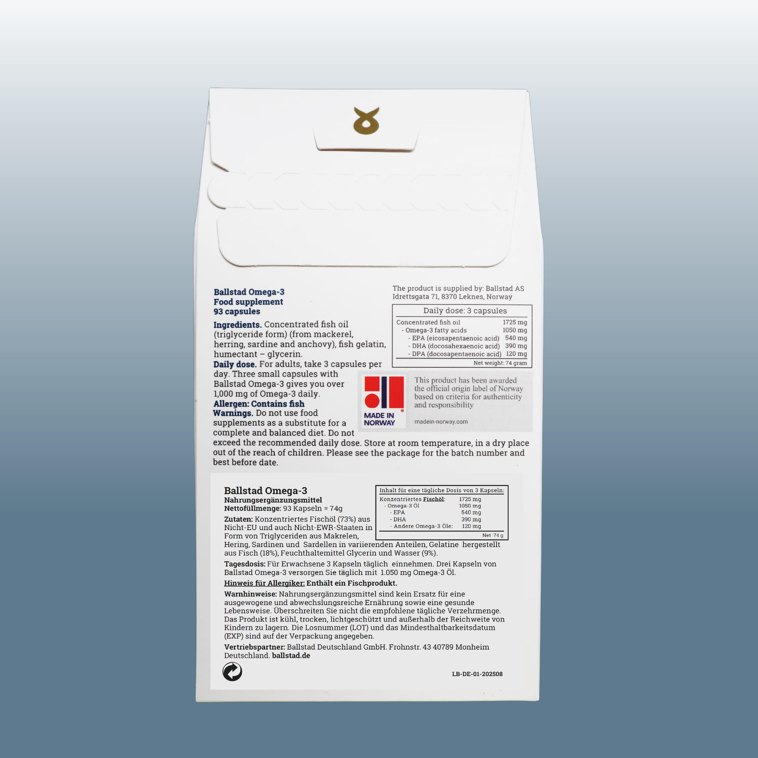 1050mg Omega 3 Fischöl Kapseln 93 Stück - mit 540mg EPA und 390mg DHA. Aus nachhaltigem Fischfang und frei von Zusatzstoffen. Made in Norway. Nachfüllpackung für 1 Monat