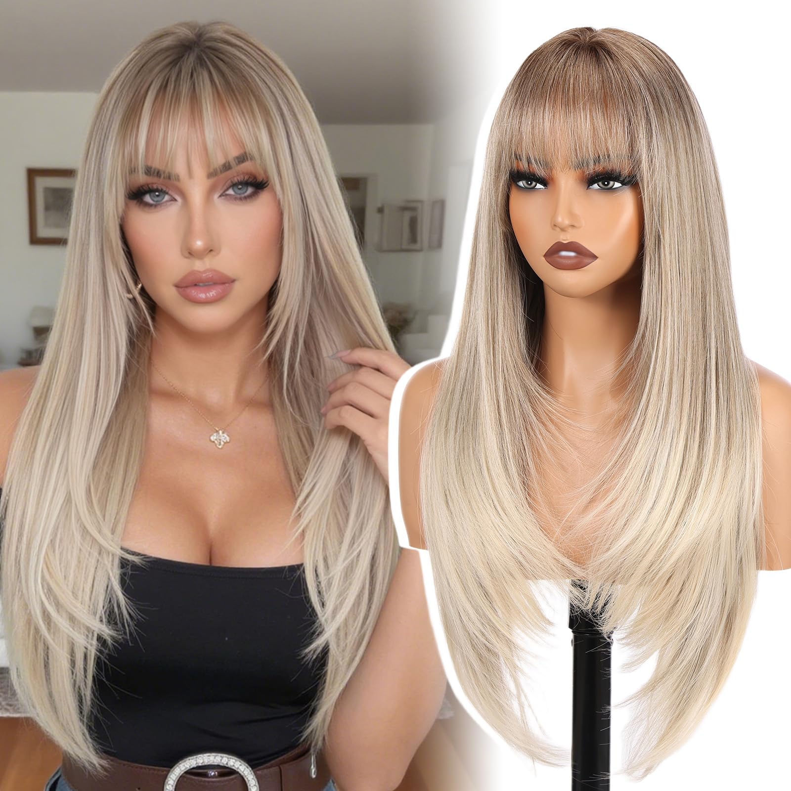 topshe Long Straight Wig With Bangs for Women, 26 Inch Rooted Ash Blonde Wigs, Heat-Resistant Synthetic Hair Replacement Wigs, Natural Looking Hair Layered Style Wigs for Daily and Party Use