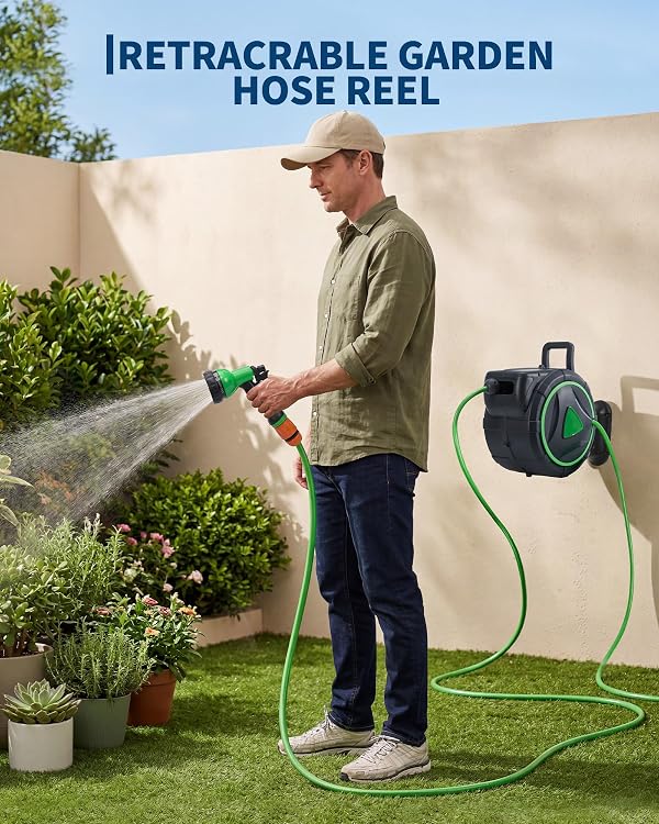 Retractable Hose Reel 100 ft, Heavy Duty Wall Mount Garden Hose Reel with Automatic Rewind & Slow Retraction, 180° Swivel Bracket Kink-Free Water Hose for Large Lawn Yard Car Washing by MilleLoom - Used condition - Image 2