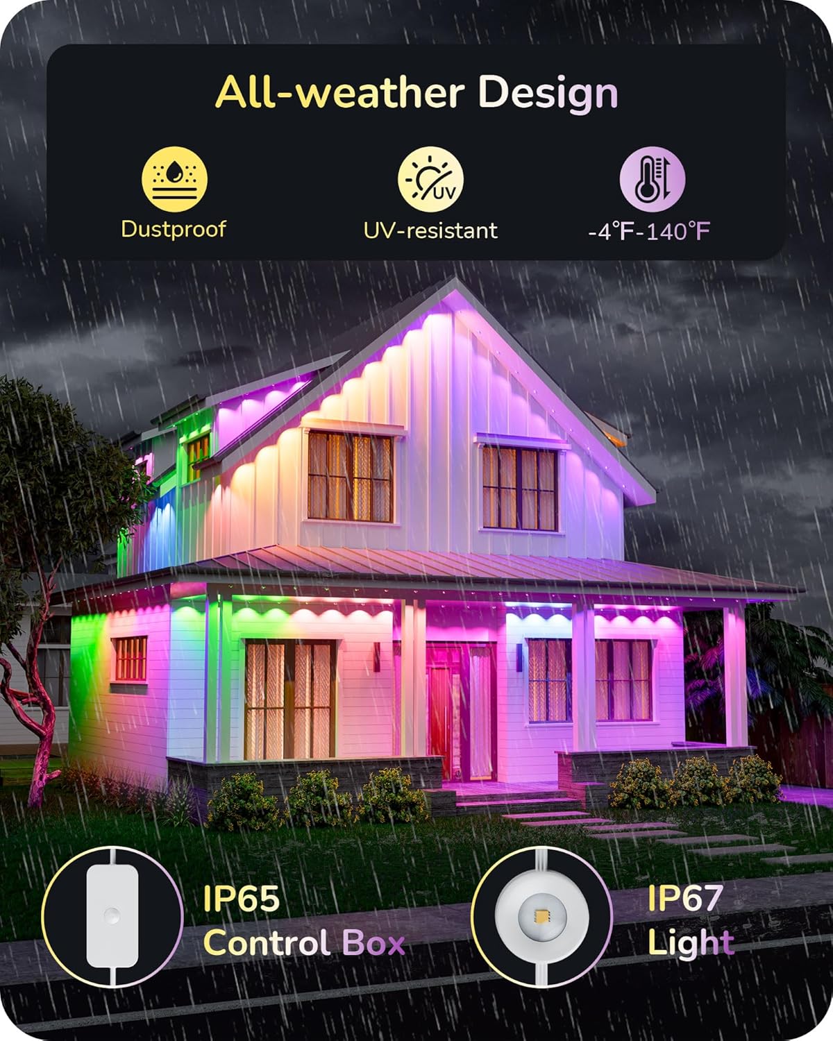 EDISHINE 120ft Smart Outdoor Permanent Lights, 80 RGB+IC LED Eave Lights, App/Voice/Remote Control, 50 Scene Modes for Party & Holiday Decor, IP67 Waterproof Outdoor Decor Lights