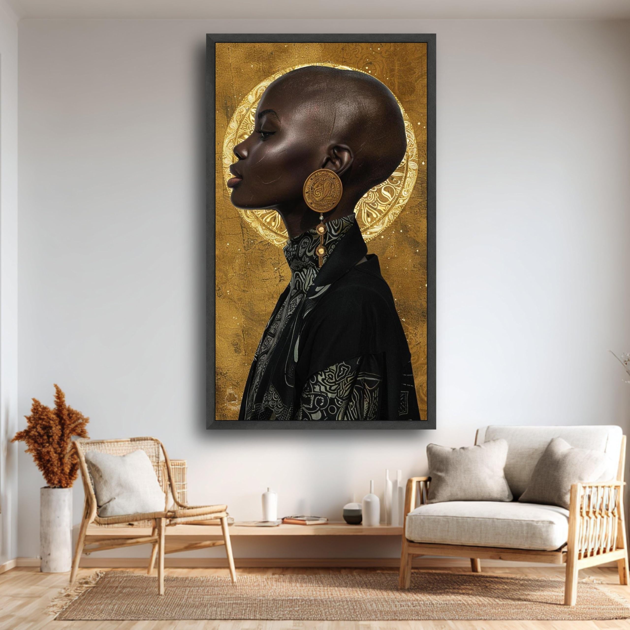 CAOXTART African Woman Profile Canvas Oil Painting, Gold Halo Wall Art, Ethnic Posters Prints for Living Room Home Wall Decor(40x70cm/Frameless)