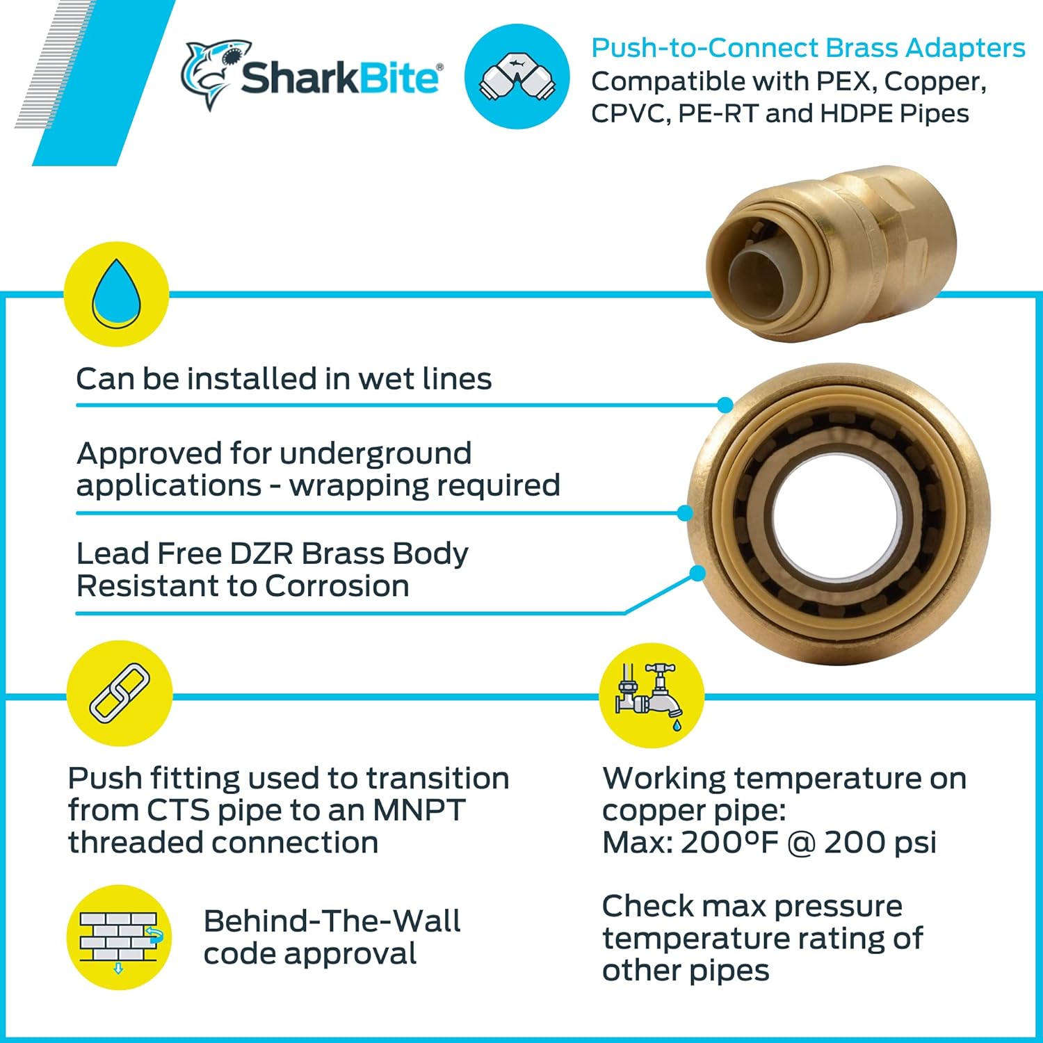 SharkBite 1/2 x 1/2 Inch FNPT Adapter, Push To Connect Brass Plumbing Fitting, PEX Pipe, Copper, CPVC, PE-RT, HDPE, U072LFA - Pipe Fittings - 